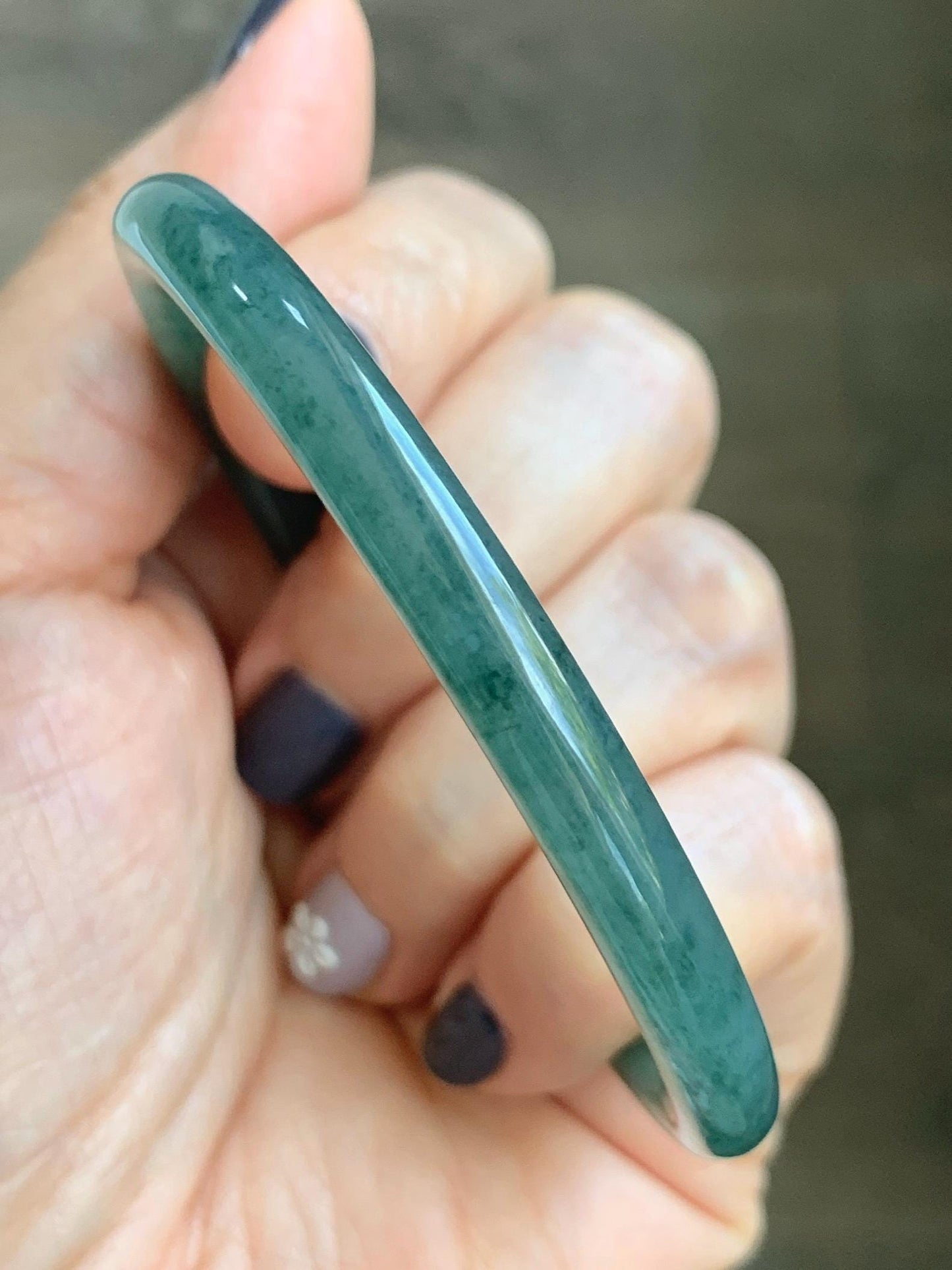 Certified Natural Grade A Guatemalan Icy Translucent Dark Teal Green Jade Jadeite Slim Bangle 58.9mm 7.28” 天然冰胶危深蓝绿翡翠细圆条手镯 492