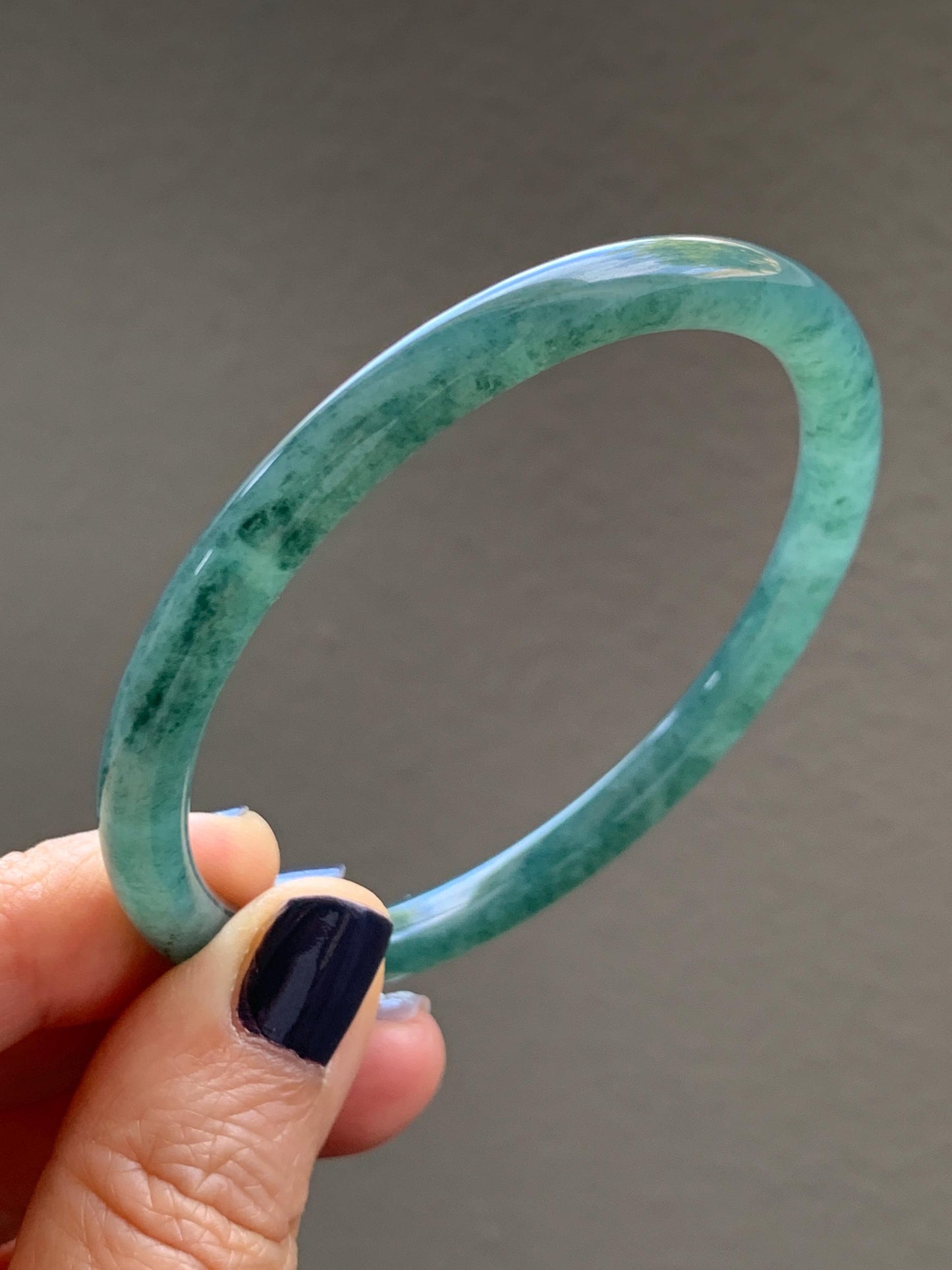 Certified Natural Grade A Guatemalan Icy Translucent Dark Teal Green Jade Jadeite Slim Bangle 58.9mm 7.28” 天然冰胶危深蓝绿翡翠细圆条手镯 492