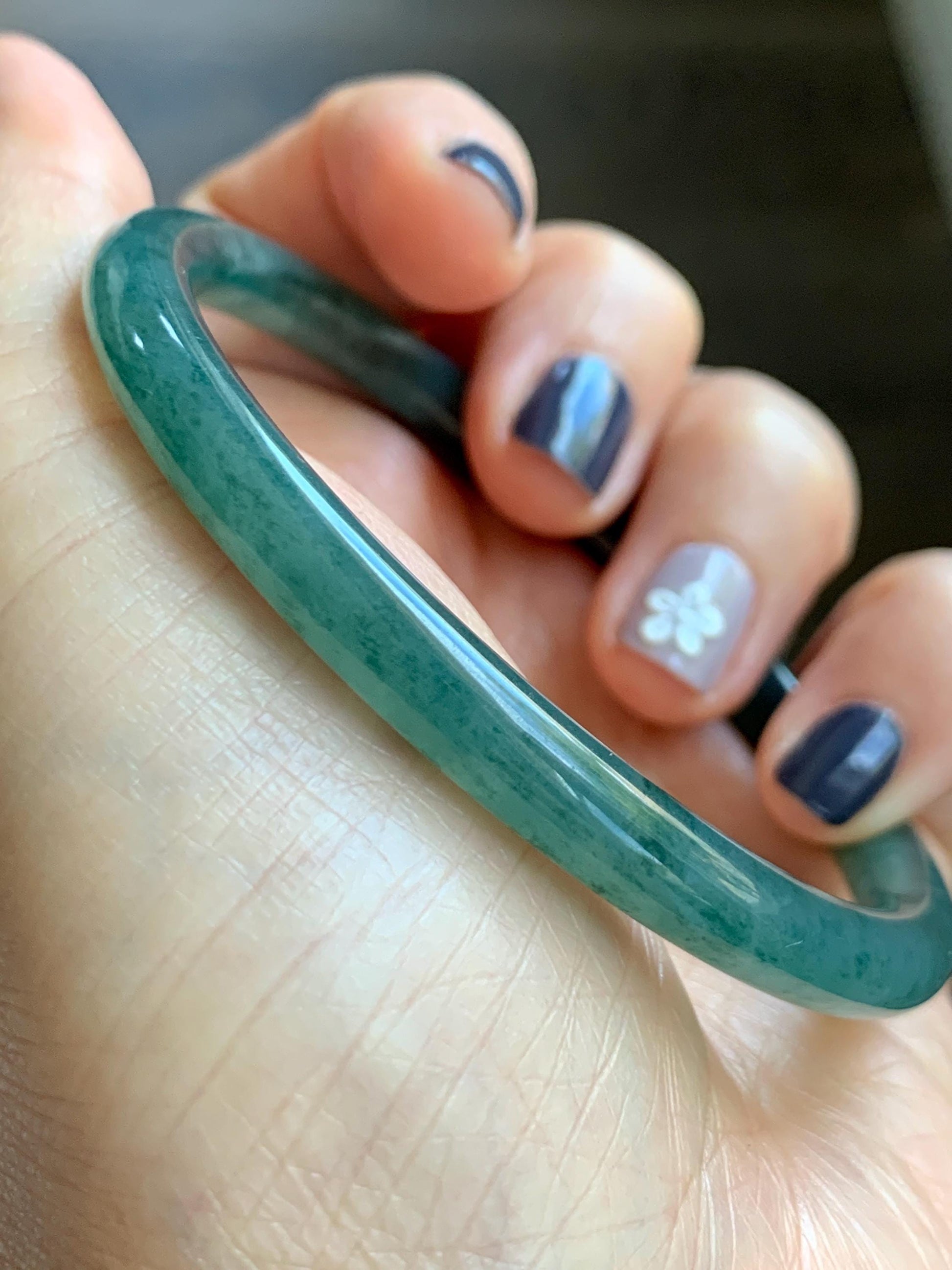 Certified Natural Grade A Guatemalan Icy Translucent Dark Teal Green Jade Jadeite Slim Bangle 58.9mm 7.28” 天然冰胶危深蓝绿翡翠细圆条手镯 492