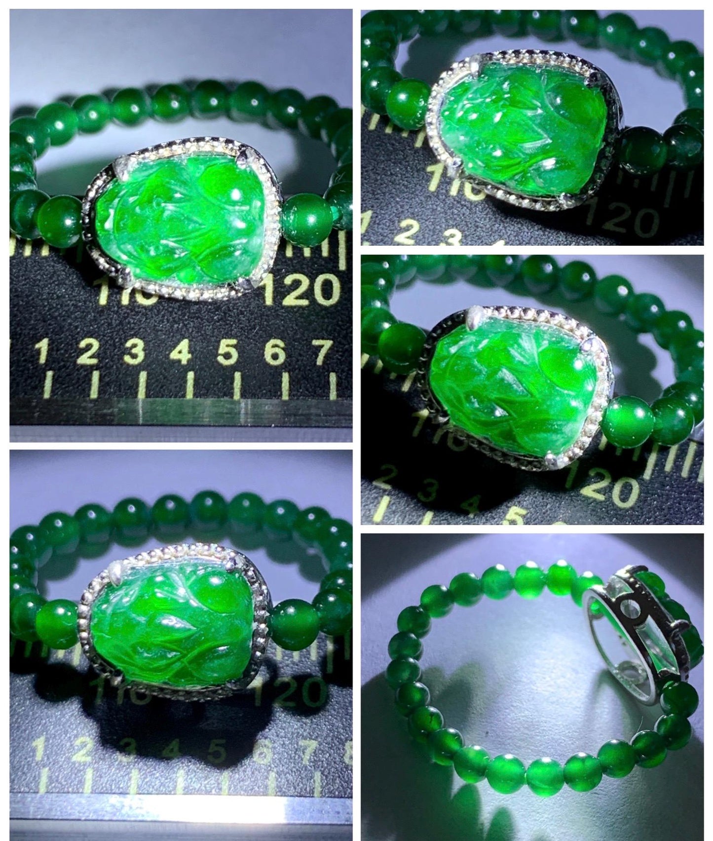 Natural Grade A Guatemalan Icy Translucent Vibrant Green Jade Jadeite Petite Beads Pixiu Charm Beaded Band Ring Size 7 US 天然冰危绿翡翠貔貅潘多拉戒圈WPXJ
