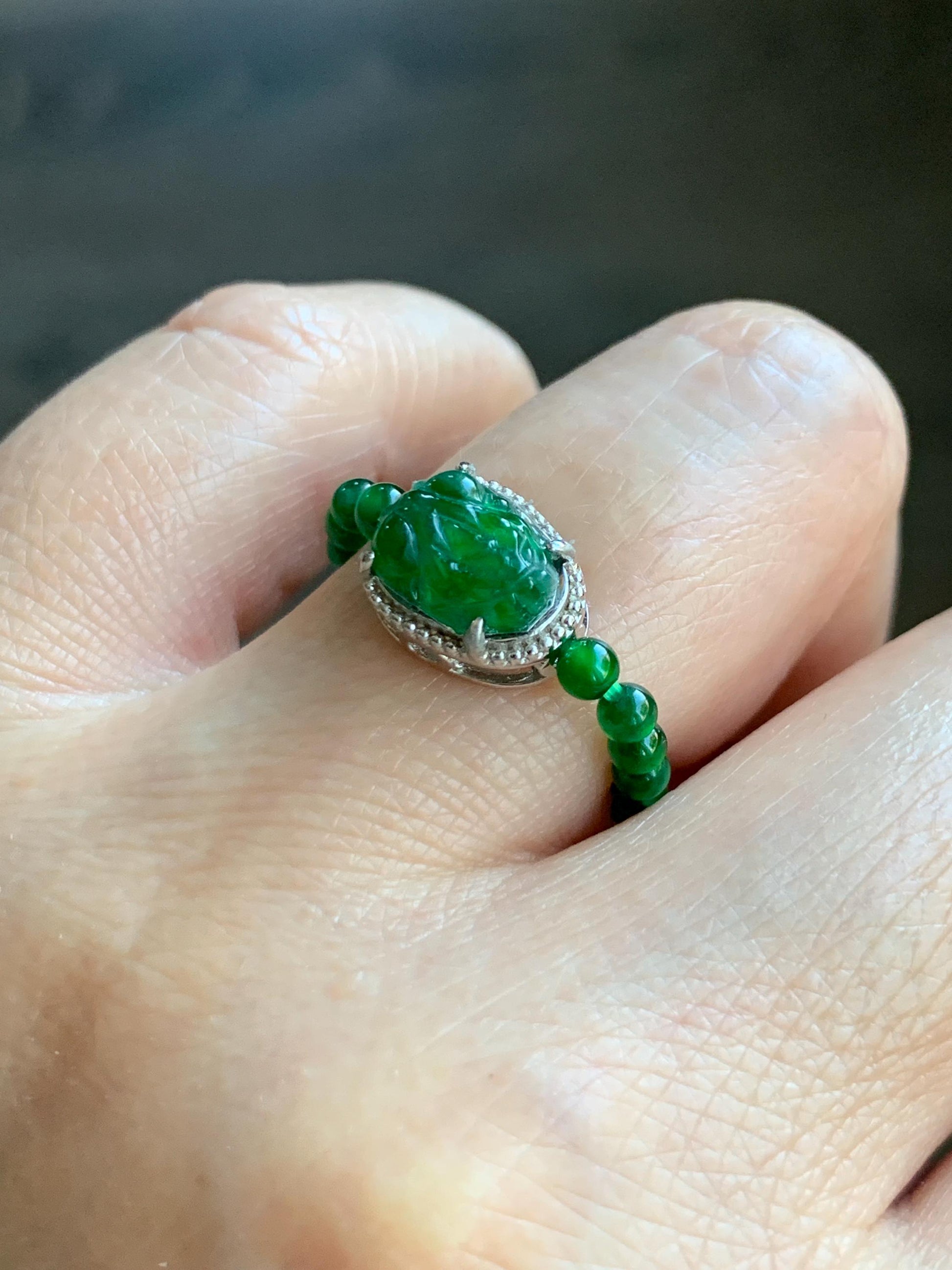 Natural Grade A Guatemalan Icy Translucent Vibrant Green Jade Jadeite Petite Beads Pixiu Charm Beaded Band Ring Size 7 US 天然冰危绿翡翠貔貅潘多拉戒圈WPXJ
