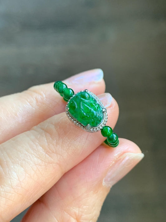 Natural Grade A Guatemalan Icy Translucent Vibrant Green Jade Jadeite Petite Beads Pixiu Charm Beaded Band Ring Size 7 US 天然冰危绿翡翠貔貅潘多拉戒圈WPXJ