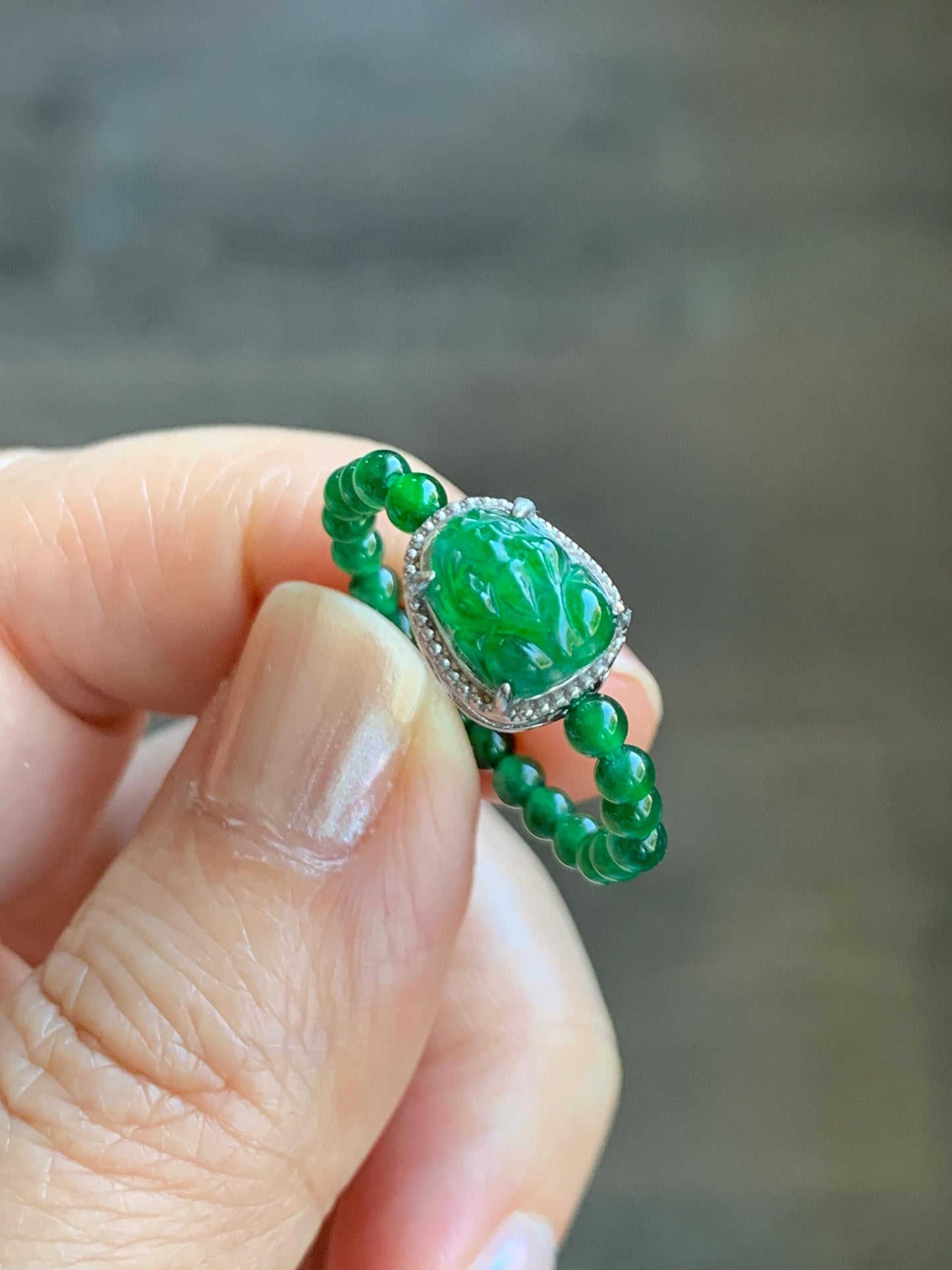 Natural Grade A Guatemalan Icy Translucent Vibrant Green Jade Jadeite Petite Beads Pixiu Charm Beaded Band Ring Size 7 US 天然冰危绿翡翠貔貅潘多拉戒圈WPXJ