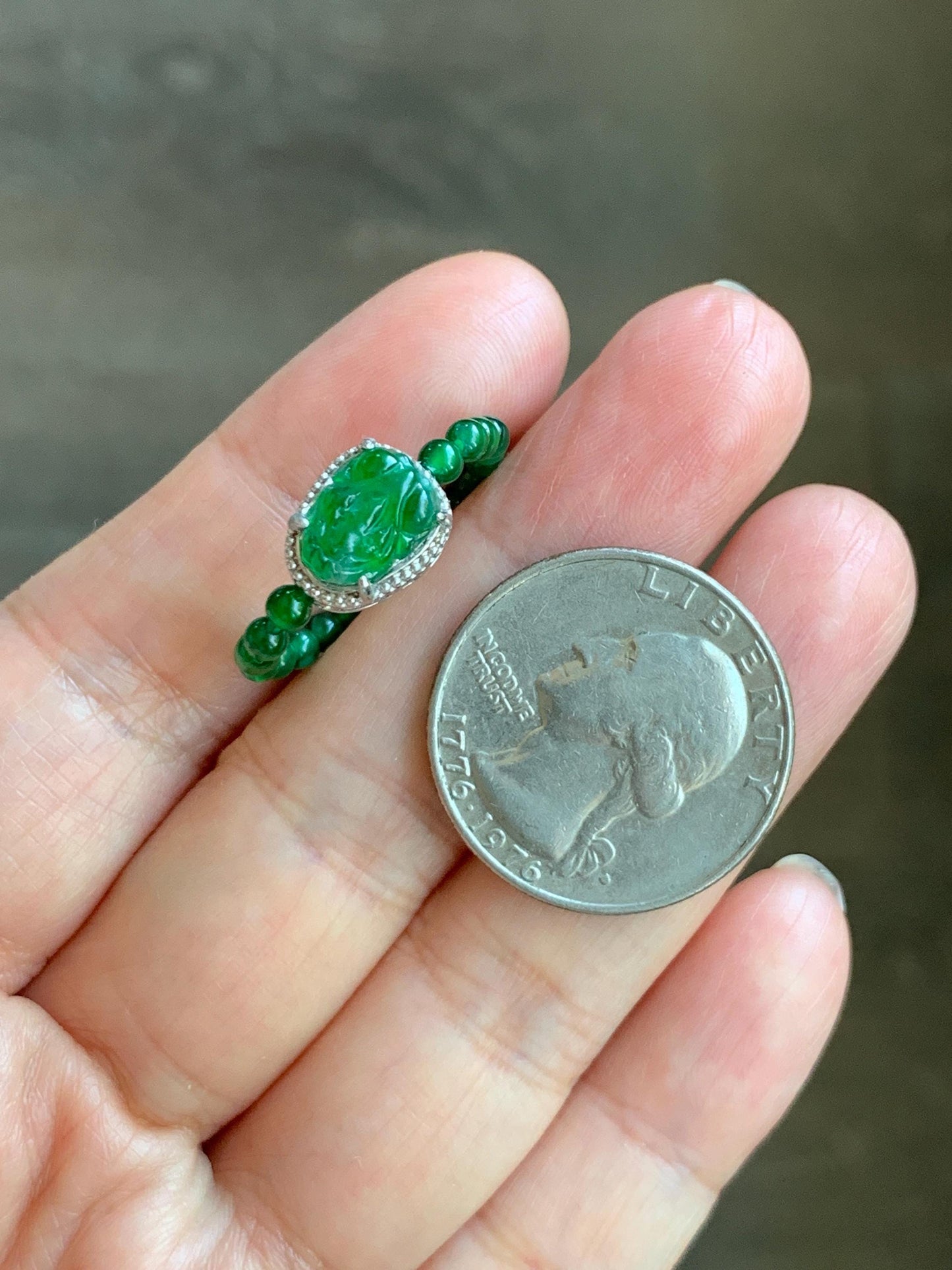 Natural Grade A Guatemalan Icy Translucent Vibrant Green Jade Jadeite Petite Beads Pixiu Charm Beaded Band Ring Size 7 US 天然冰危绿翡翠貔貅潘多拉戒圈WPXJ
