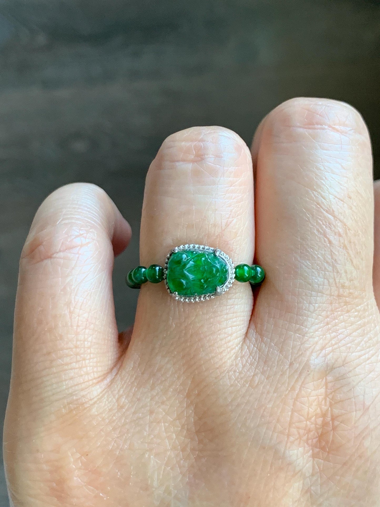 Natural Grade A Guatemalan Icy Translucent Vibrant Green Jade Jadeite Petite Beads Pixiu Charm Beaded Band Ring Size 7 US 天然冰危绿翡翠貔貅潘多拉戒圈WPXJ