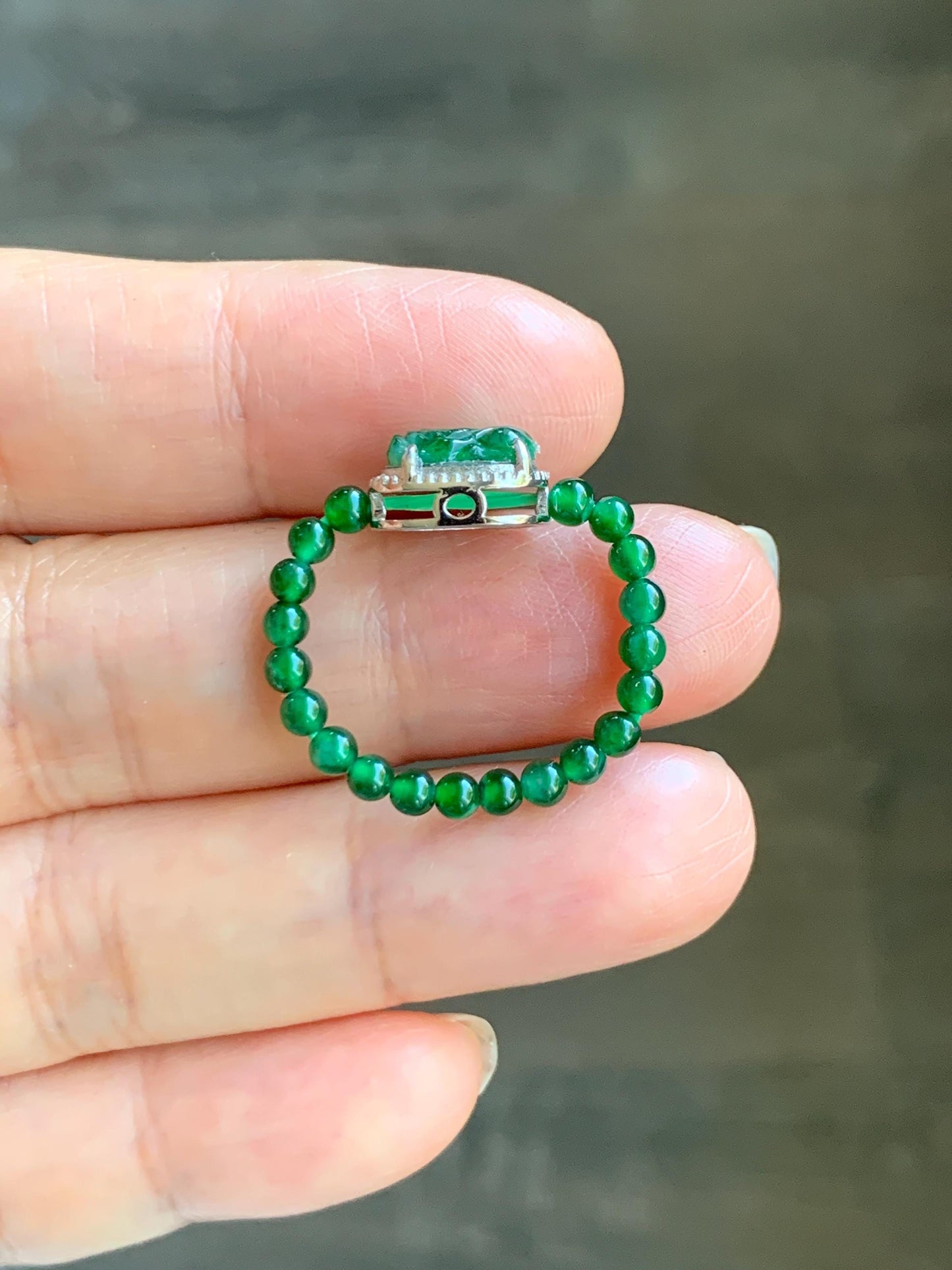 Natural Grade A Guatemalan Icy Translucent Vibrant Green Jade Jadeite Petite Beads Pixiu Charm Beaded Band Ring Size 7 US 天然冰危绿翡翠貔貅潘多拉戒圈WPXJ