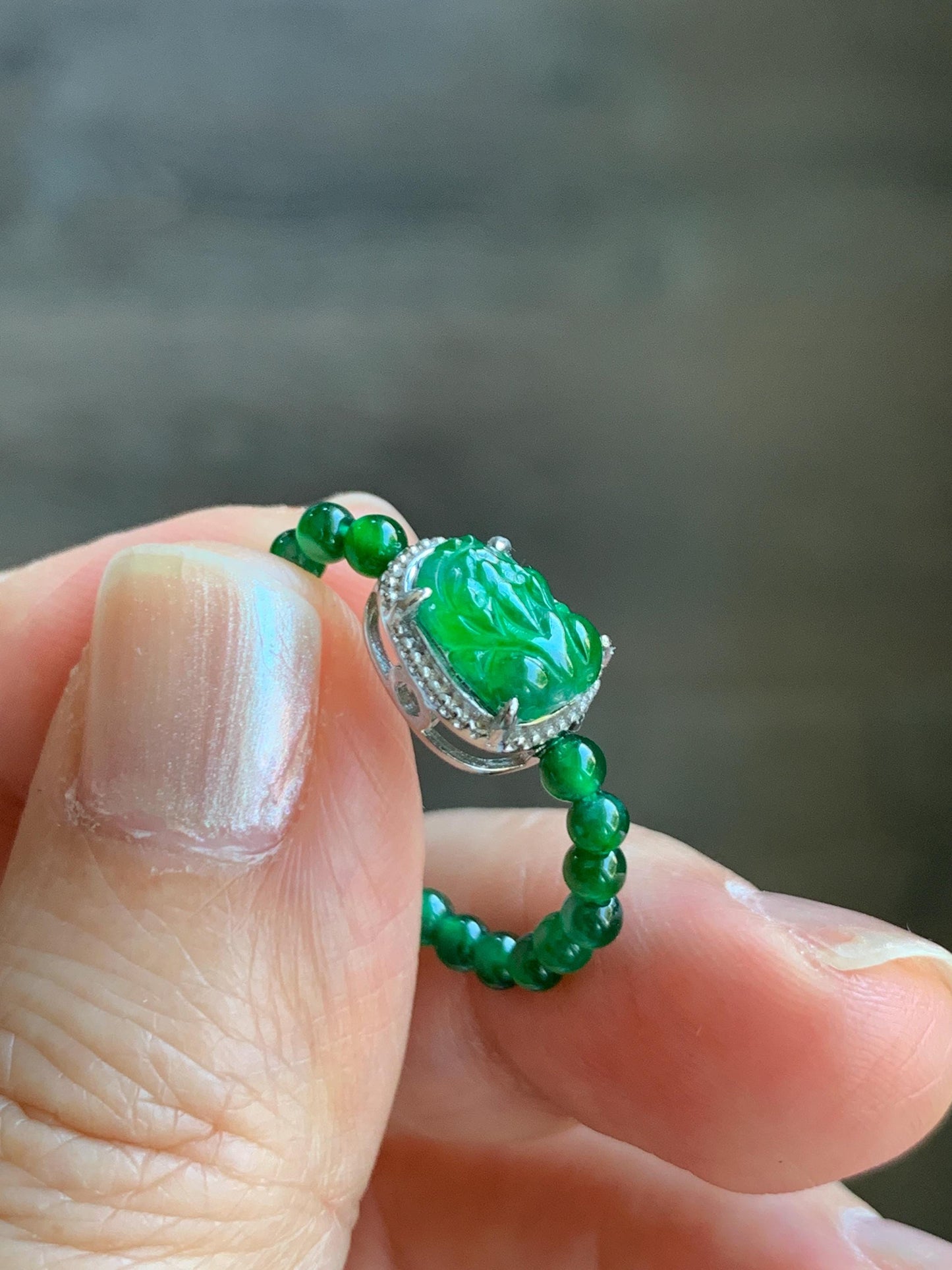 Natural Grade A Guatemalan Icy Translucent Vibrant Green Jade Jadeite Petite Beads Pixiu Charm Beaded Band Ring Size 7 US 天然冰危绿翡翠貔貅潘多拉戒圈WPXJ