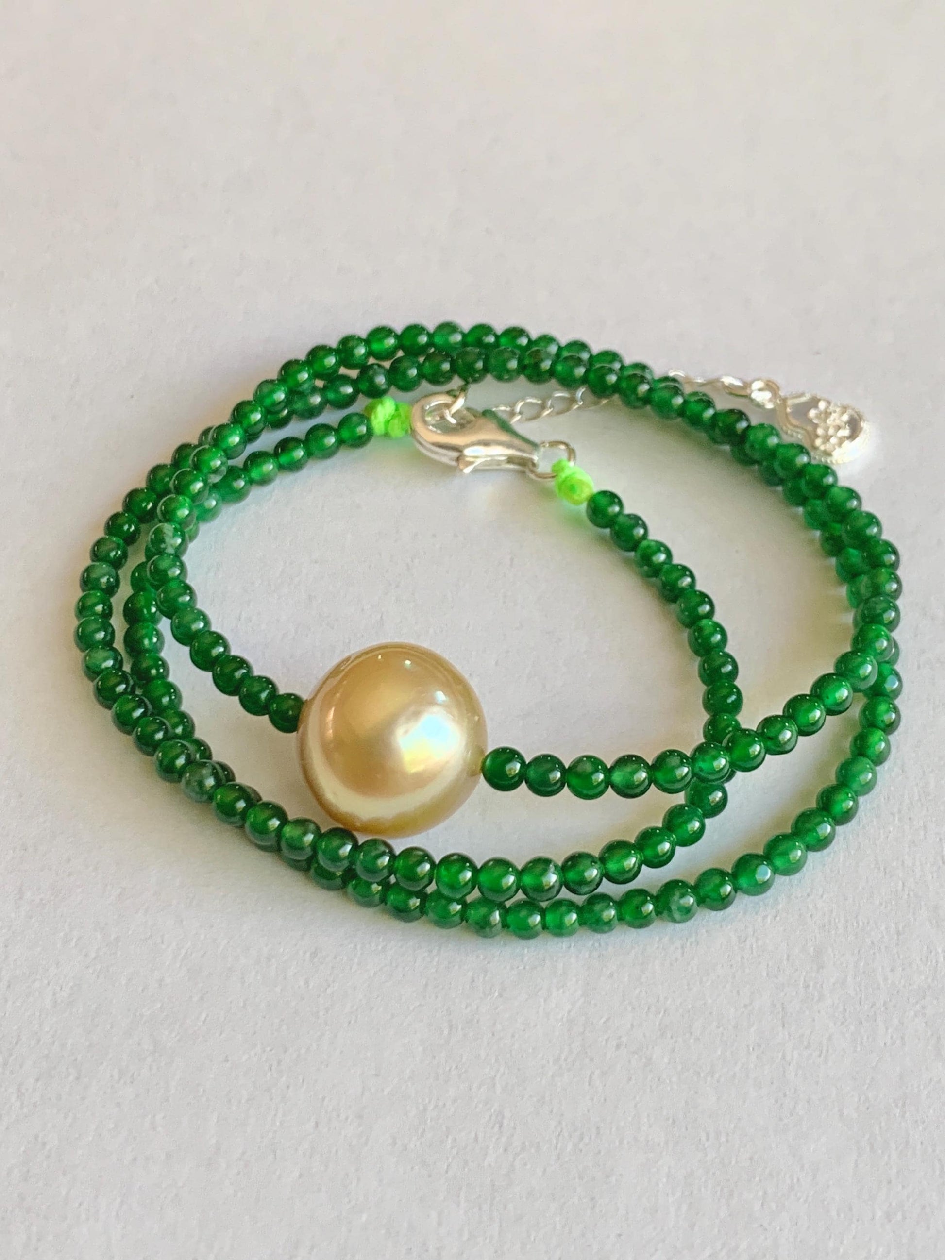 Natural Golden South Sea Pearl Grade A Guatemalan Icy Vibrant Green Jade Jadeite Beaded Necklace Sterling Silver 18” 9g 天然冰危绿翡翠小圆珠南洋金珠珍珠项链