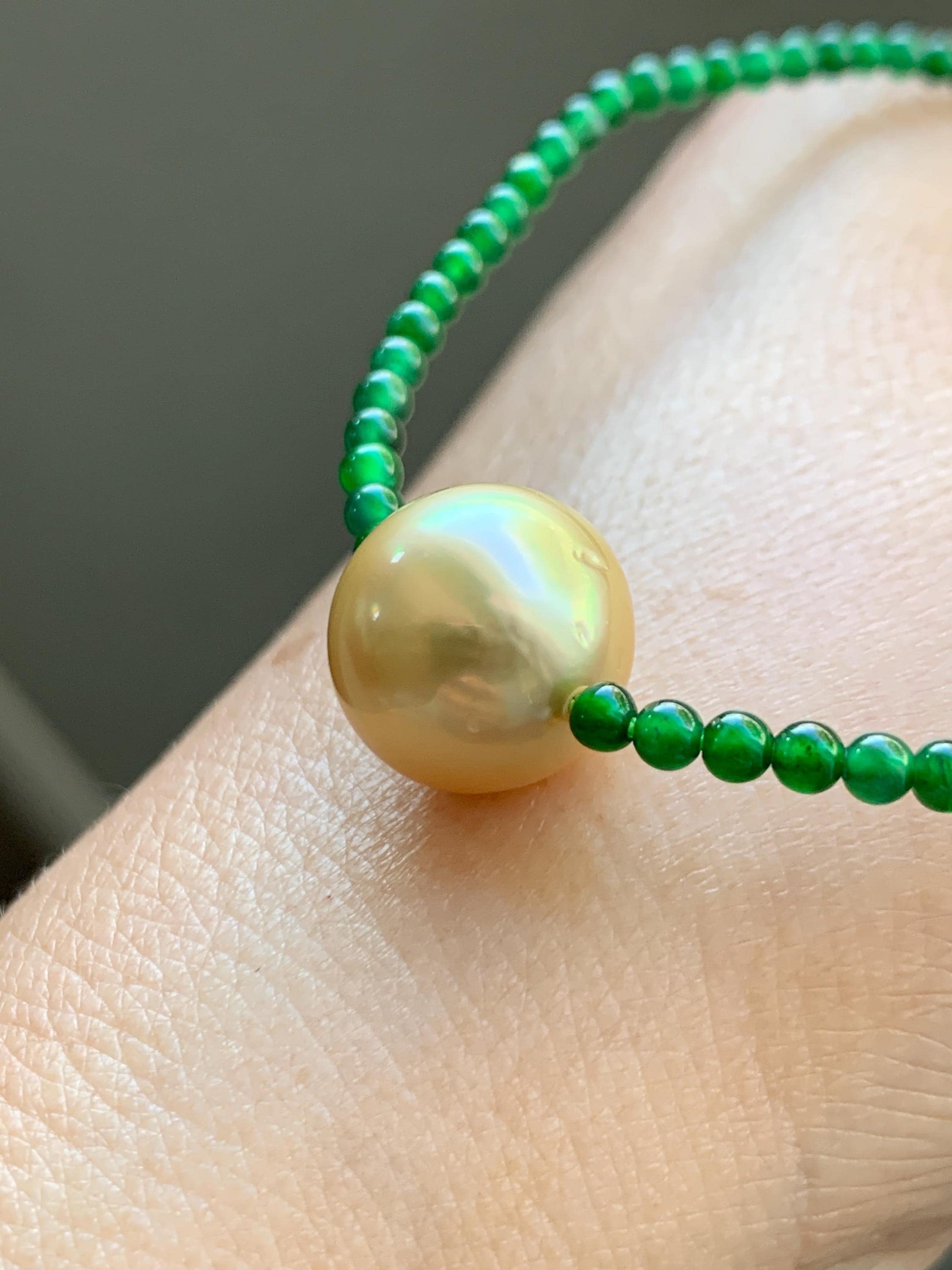 Natural Golden South Sea Pearl Grade A Guatemalan Icy Vibrant Green Jade Jadeite Beaded Necklace Sterling Silver 18” 9g 天然冰危绿翡翠小圆珠南洋金珠珍珠项链