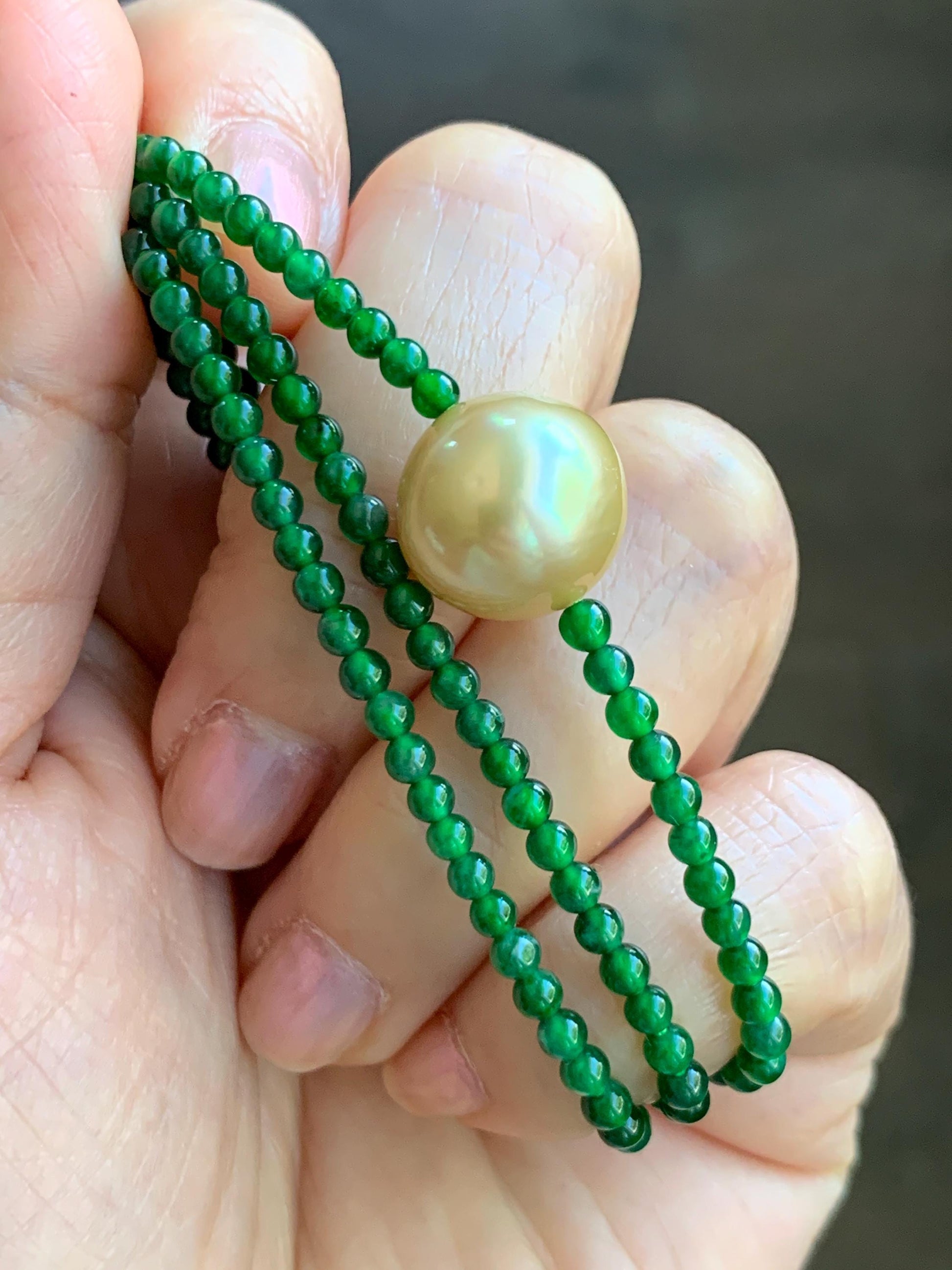 Natural Golden South Sea Pearl Grade A Guatemalan Icy Vibrant Green Jade Jadeite Beaded Necklace Sterling Silver 18” 9g 天然冰危绿翡翠小圆珠南洋金珠珍珠项链