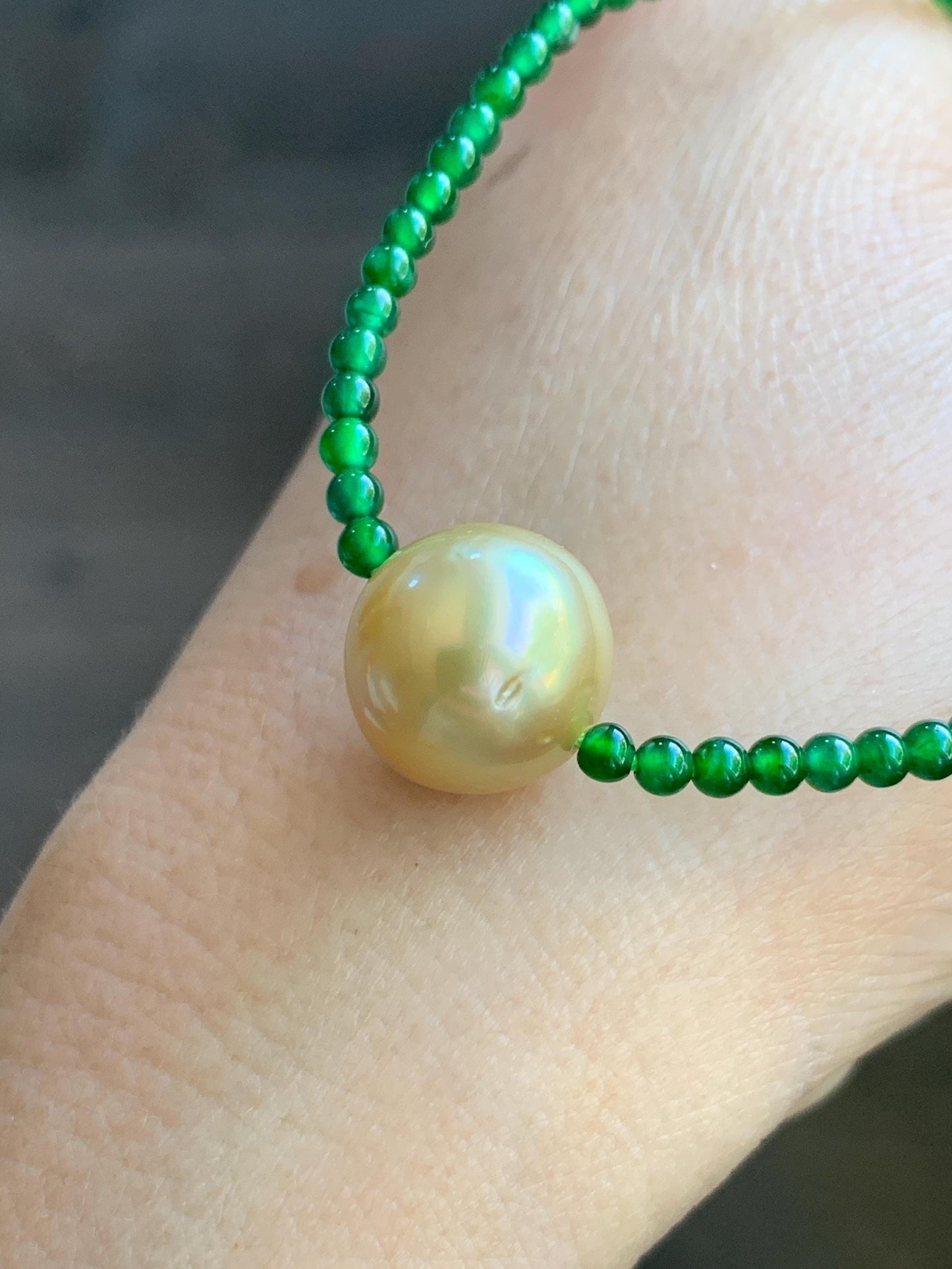 Natural Golden South Sea Pearl Grade A Guatemalan Icy Vibrant Green Jade Jadeite Beaded Necklace Sterling Silver 18” 9g 天然冰危绿翡翠小圆珠南洋金珠珍珠项链
