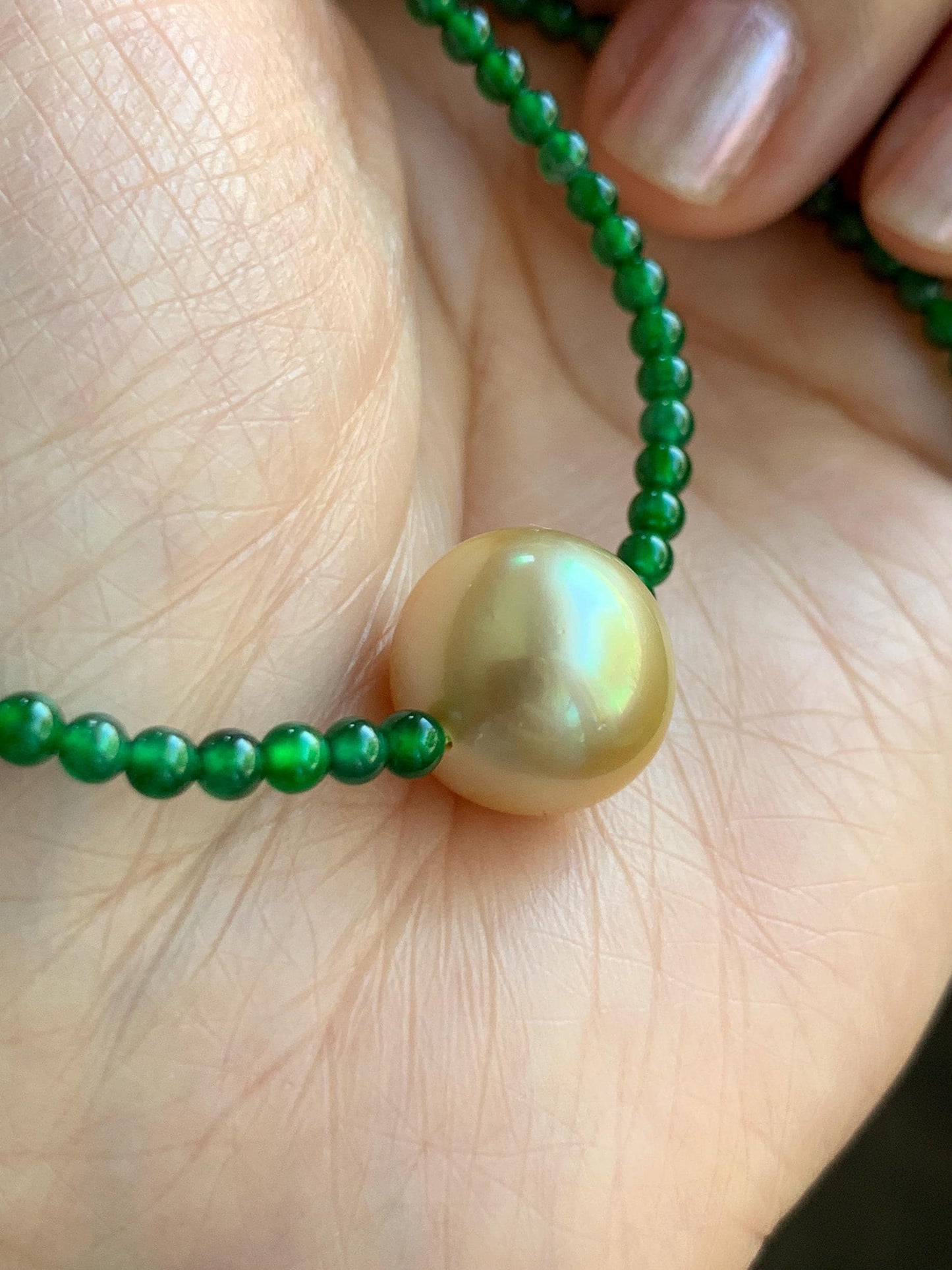Natural Golden South Sea Pearl Grade A Guatemalan Icy Vibrant Green Jade Jadeite Beaded Necklace Sterling Silver 18” 9g 天然冰危绿翡翠小圆珠南洋金珠珍珠项链