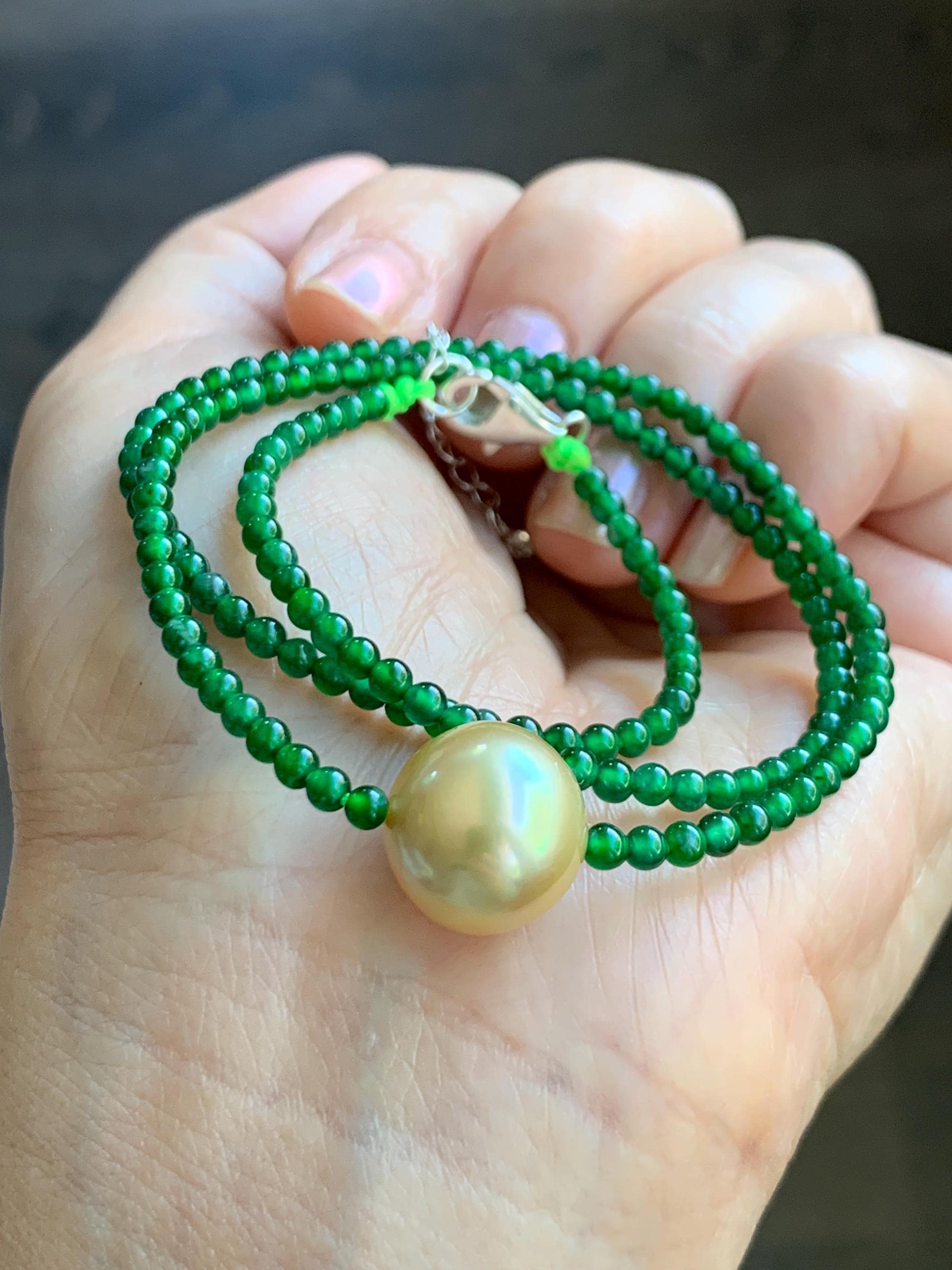 Natural Golden South Sea Pearl Grade A Guatemalan Icy Vibrant Green Jade Jadeite Beaded Necklace Sterling Silver 18” 9g 天然冰危绿翡翠小圆珠南洋金珠珍珠项链