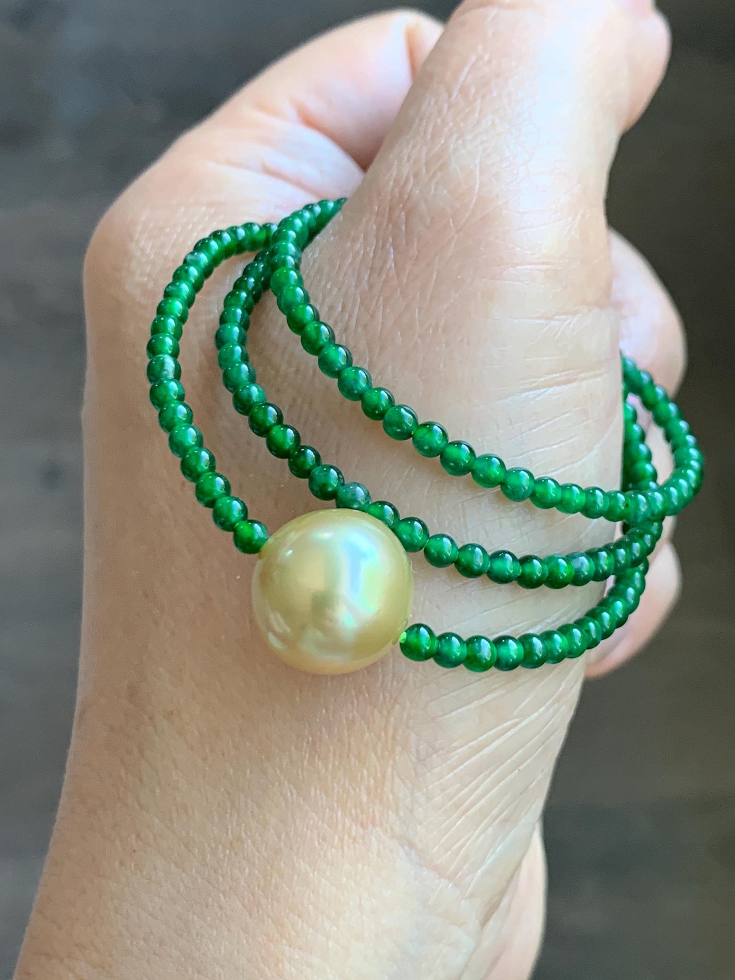Natural Golden South Sea Pearl Grade A Guatemalan Icy Vibrant Green Jade Jadeite Beaded Necklace Sterling Silver 18” 9g 天然冰危绿翡翠小圆珠南洋金珠珍珠项链