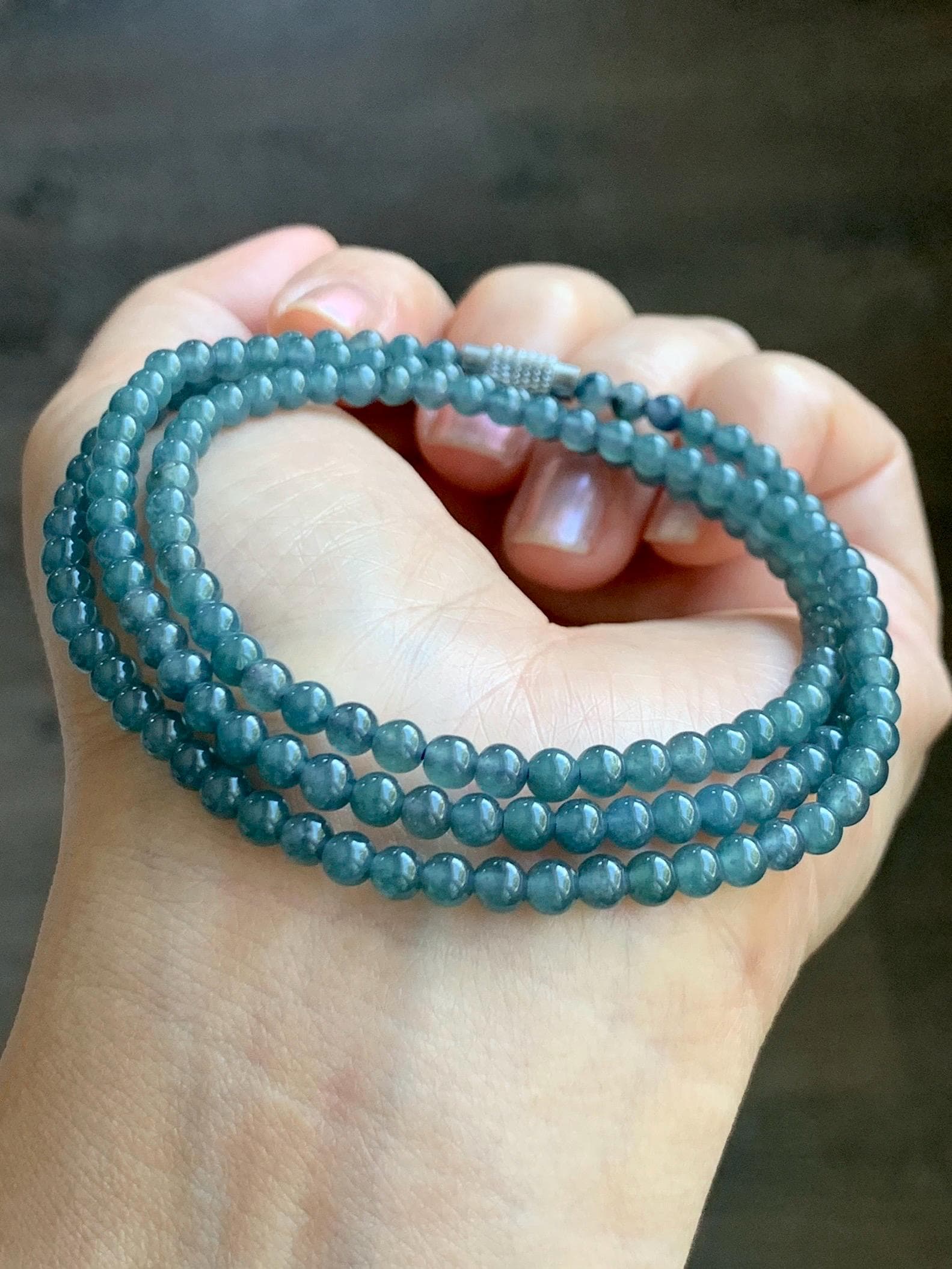 Grade A Natural Guatemalan Icy Translucent Dusty Aegean Blue Jade Jadeite Petite Beaded Necklace 4mm 23” 16g 天然冰危蓝翡翠小圆珠项链 WLM230