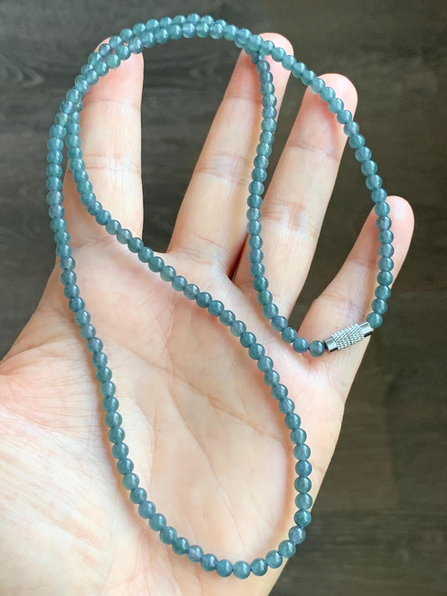 Grade A Natural Guatemalan Icy Translucent Dusty Aegean Blue Jade Jadeite Petite Beaded Necklace 4mm 23” 16g 天然冰危蓝翡翠小圆珠项链 WLM230