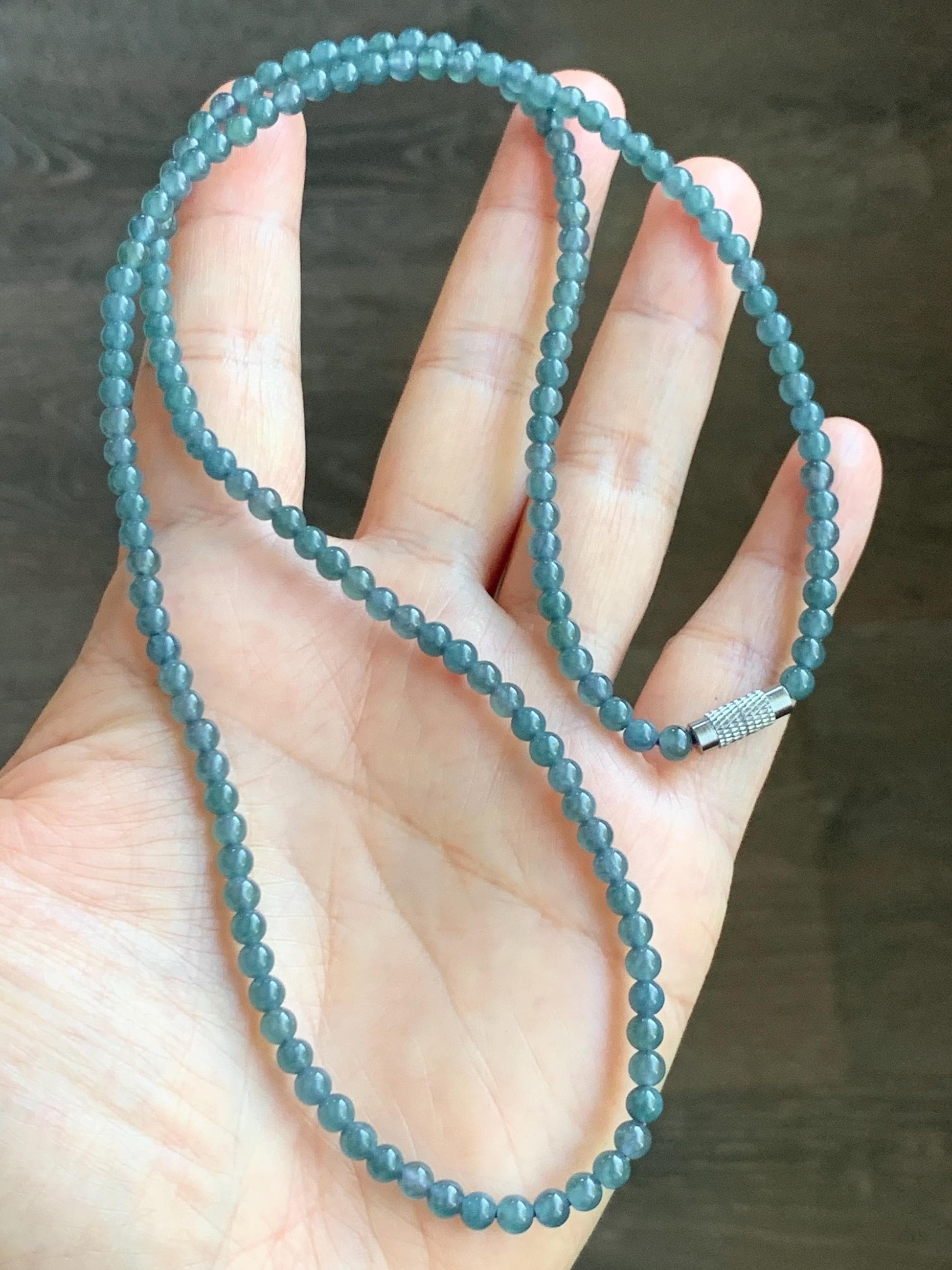 Grade A Natural Guatemalan Icy Translucent Dusty Aegean Blue Jade Jadeite Petite Beaded Necklace 4mm 23” 16g 天然冰危蓝翡翠小圆珠项链 WLM230