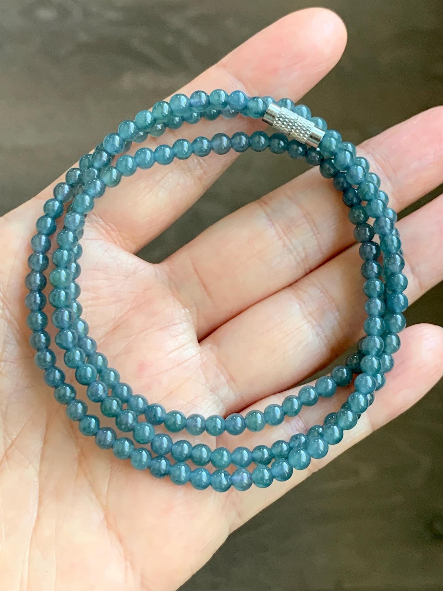 Grade A Natural Guatemalan Icy Translucent Dusty Aegean Blue Jade Jadeite Petite Beaded Necklace 4mm 23” 16g 天然冰危蓝翡翠小圆珠项链 WLM230