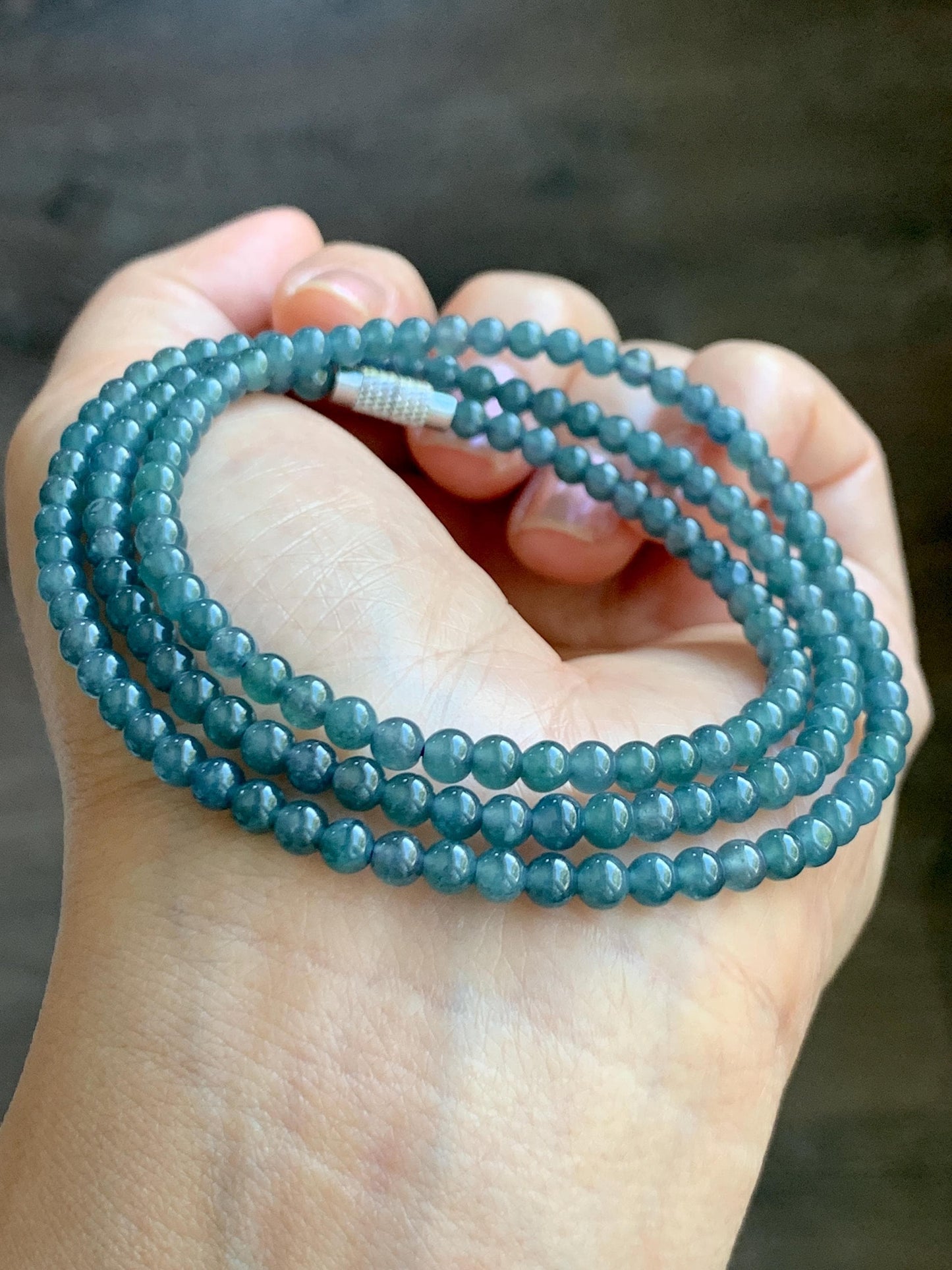 Grade A Natural Guatemalan Icy Translucent Dusty Aegean Blue Jade Jadeite Petite Beaded Necklace 4mm 23” 16g 天然冰危蓝翡翠小圆珠项链 WLM230