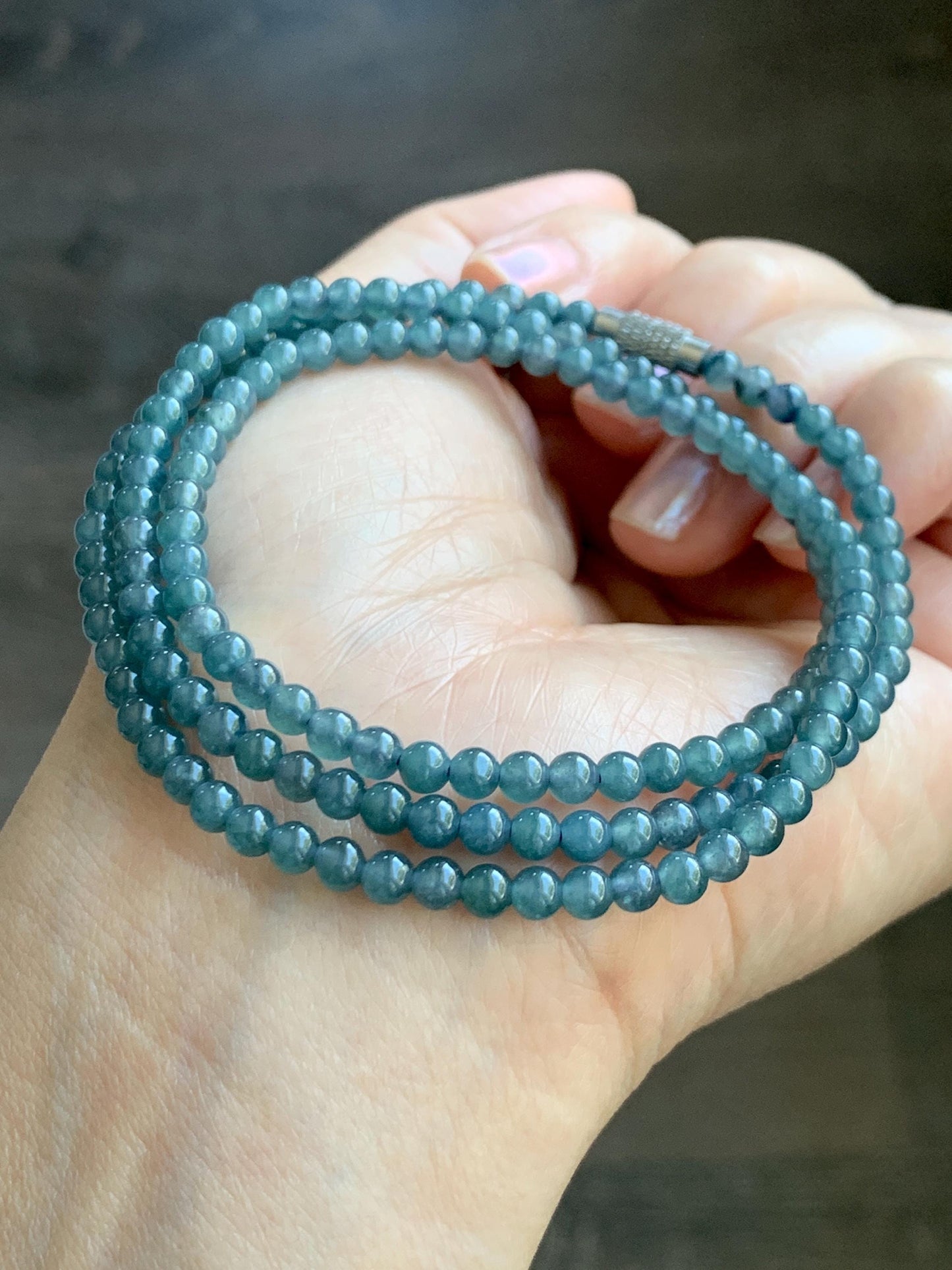 Grade A Natural Guatemalan Icy Translucent Dusty Aegean Blue Jade Jadeite Petite Beaded Necklace 4mm 23” 16g 天然冰危蓝翡翠小圆珠项链 WLM230
