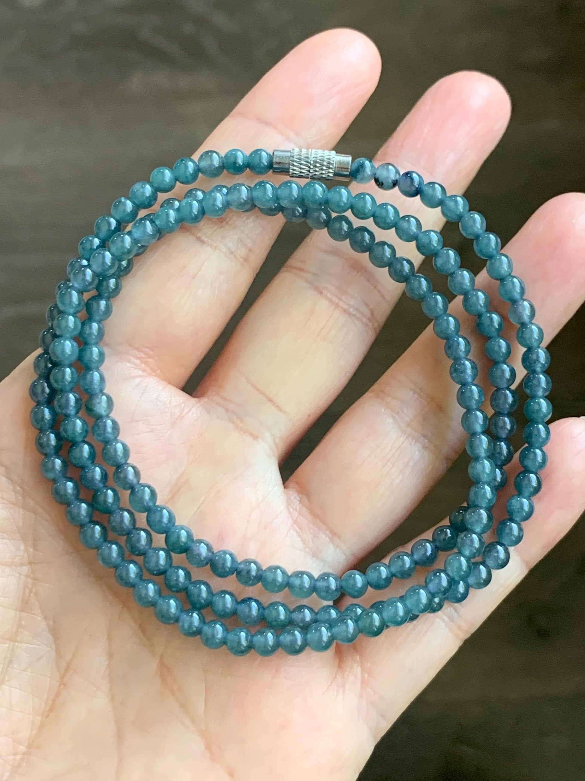 Grade A Natural Guatemalan Icy Translucent Dusty Aegean Blue Jade Jadeite Petite Beaded Necklace 4mm 23” 16g 天然冰危蓝翡翠小圆珠项链 WLM230