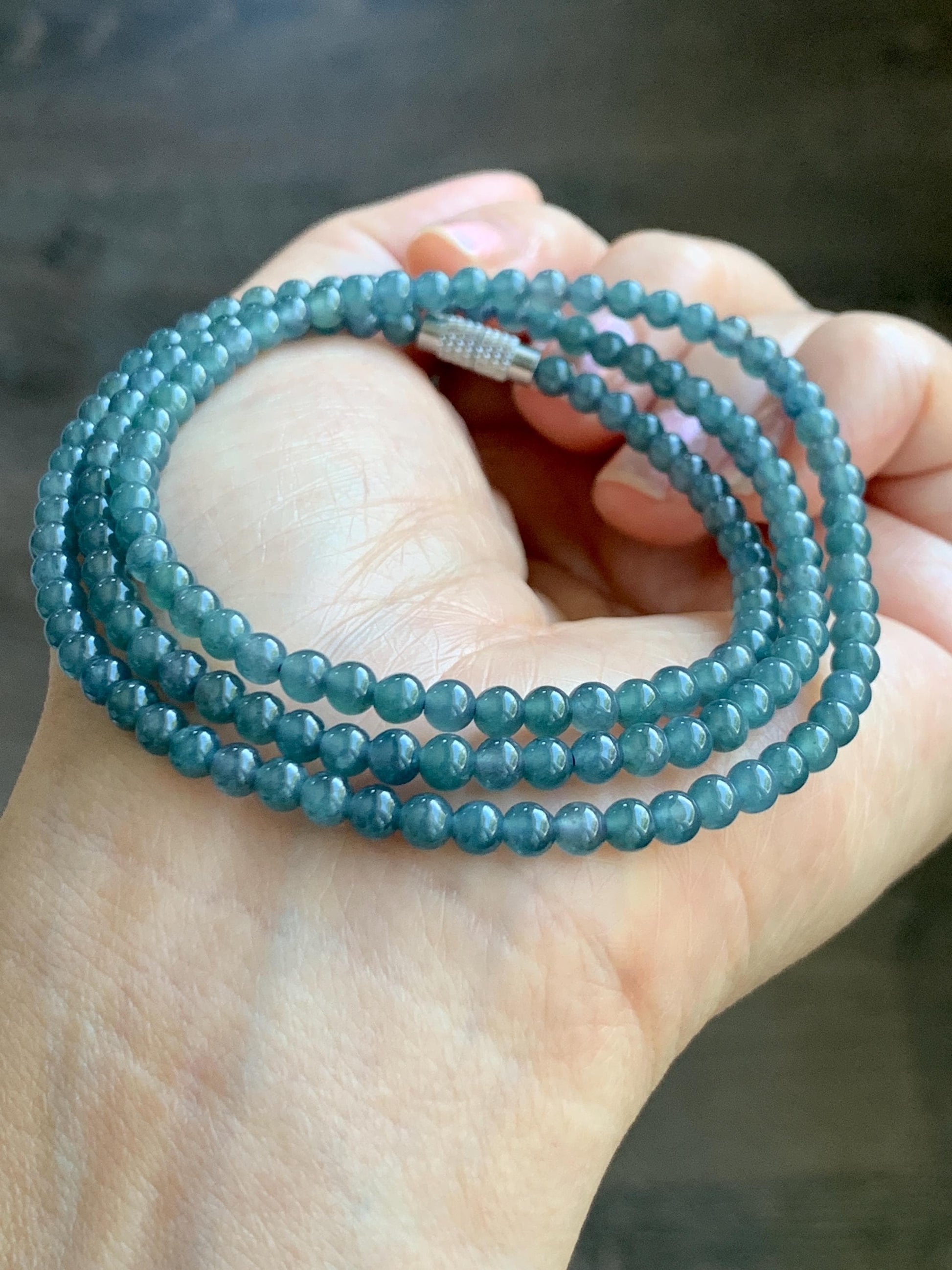 Grade A Natural Guatemalan Icy Translucent Dusty Aegean Blue Jade Jadeite Petite Beaded Necklace 4mm 23” 16g 天然冰危蓝翡翠小圆珠项链 WLM230