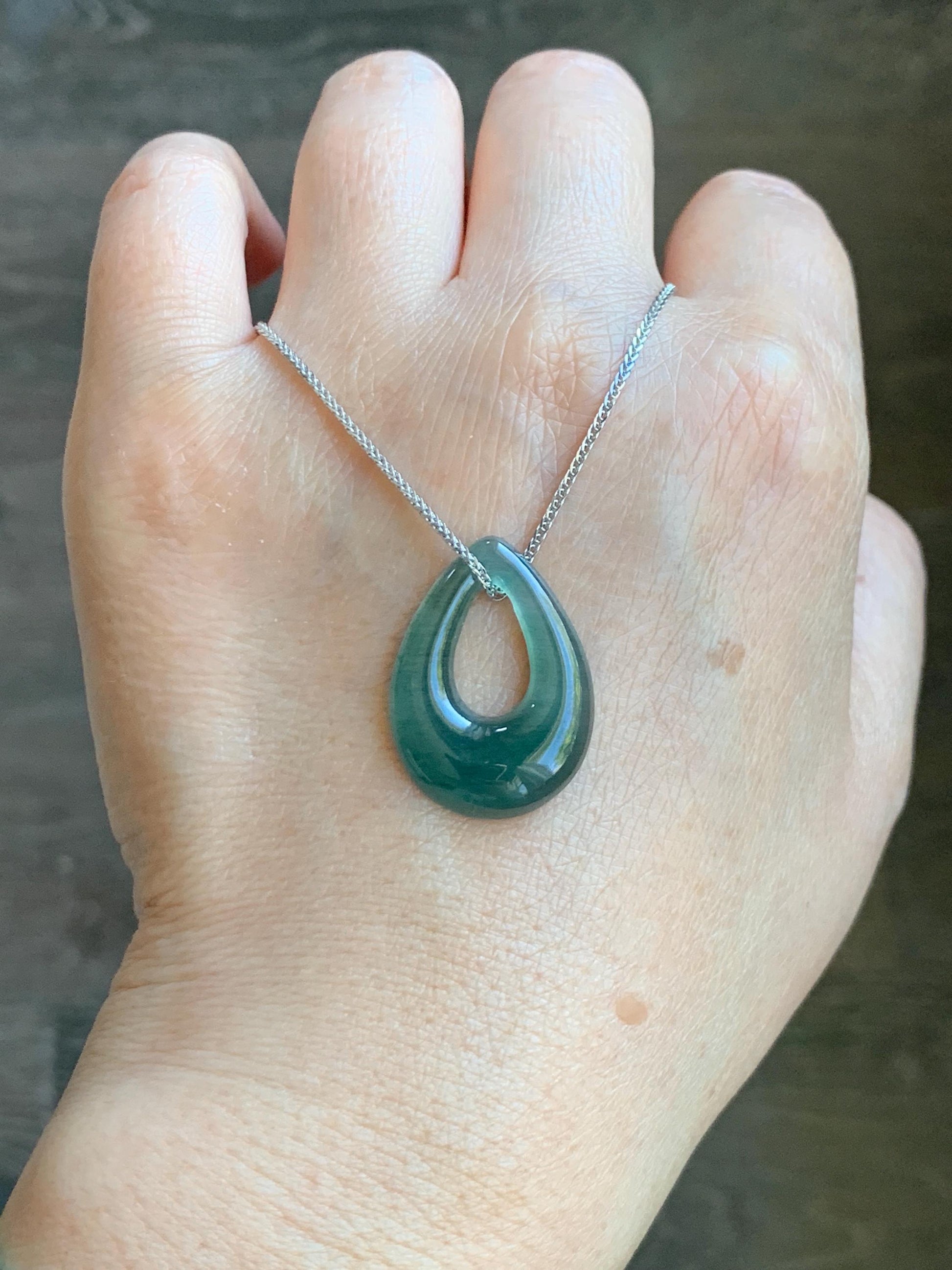 Natural Grade A Guatemalan Icy Translucent Dusty Teal Green Jade Jadeite Teardrop Pendant Necklace Sterling Silver 天然冰危蓝绿起光翡翠水滴项链 WSD121