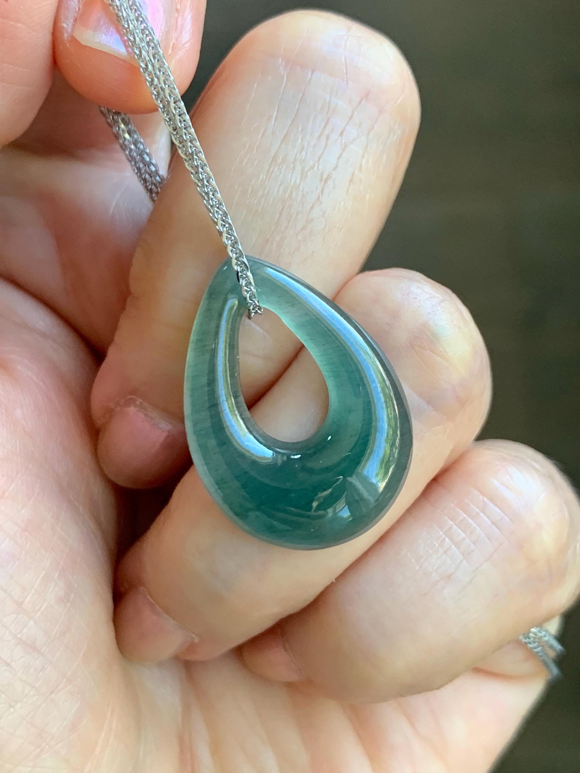 Natural Grade A Guatemalan Icy Translucent Dusty Teal Green Jade Jadeite Teardrop Pendant Necklace Sterling Silver 天然冰危蓝绿起光翡翠水滴项链 WSD121