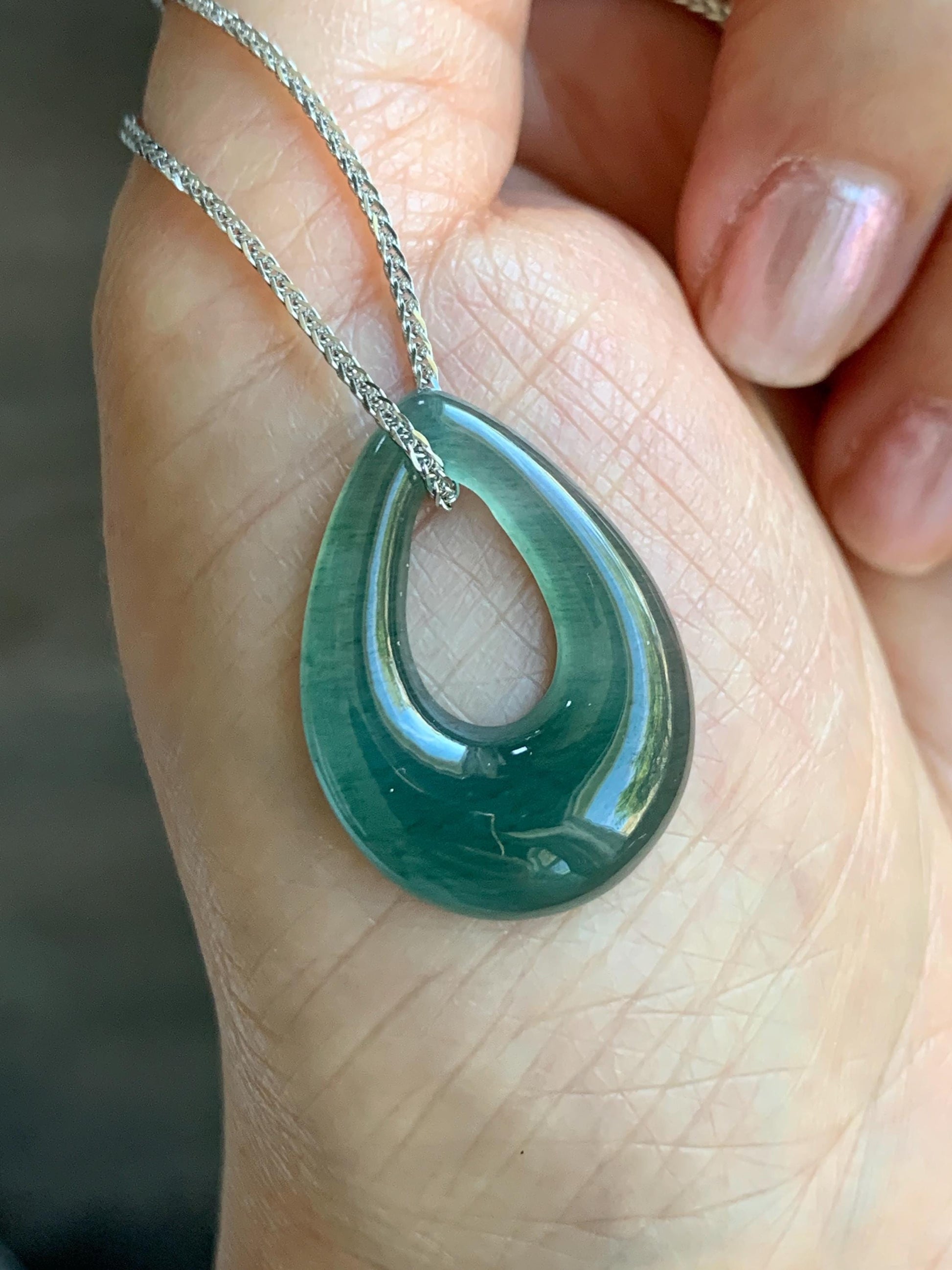 Natural Grade A Guatemalan Icy Translucent Dusty Teal Green Jade Jadeite Teardrop Pendant Necklace Sterling Silver 天然冰危蓝绿起光翡翠水滴项链 WSD121