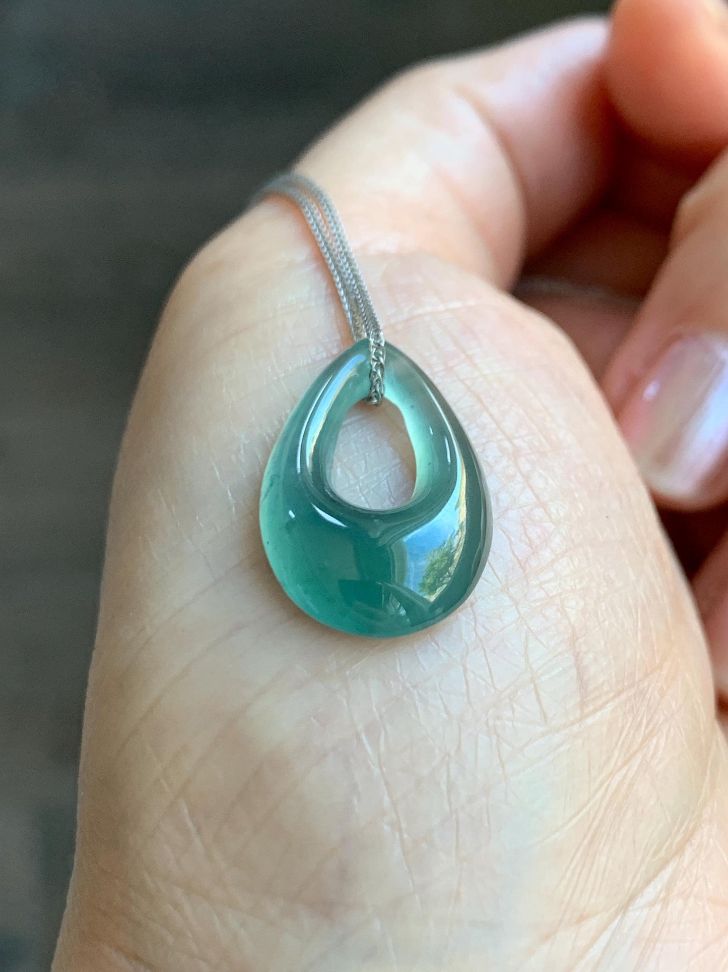 Natural Grade A Guatemalan Icy Translucent Teal Green Jade Jadeite Teardrop Pendant Necklace Sterling Silver 17” 天然冰危蓝绿起光翡翠水滴项链 WSD88D