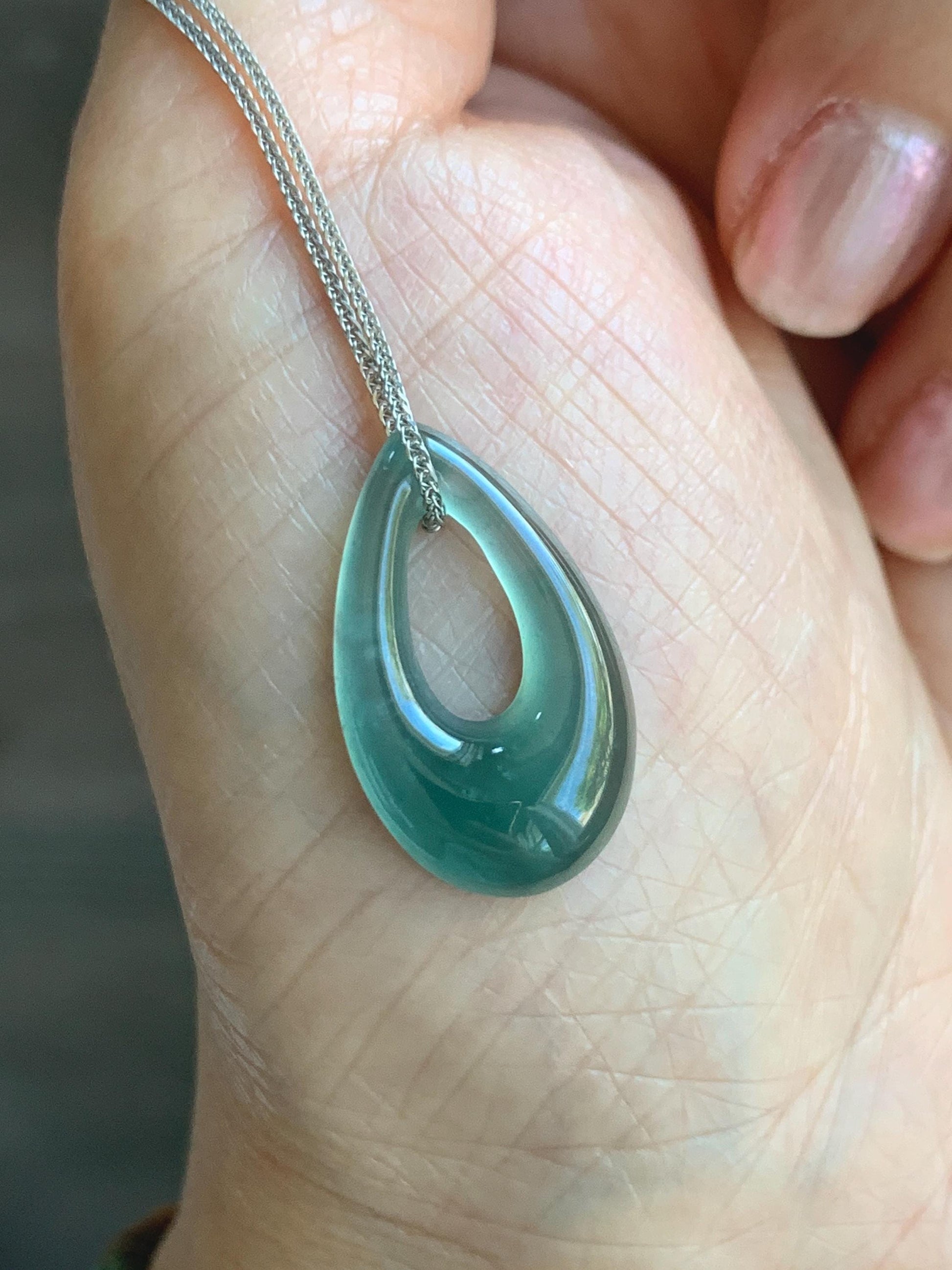 Natural Grade A Guatemalan Icy Translucent Teal Green Jade Jadeite Teardrop Pendant Necklace Sterling Silver 17” 天然冰危蓝绿起光翡翠水滴项链 WSD88D