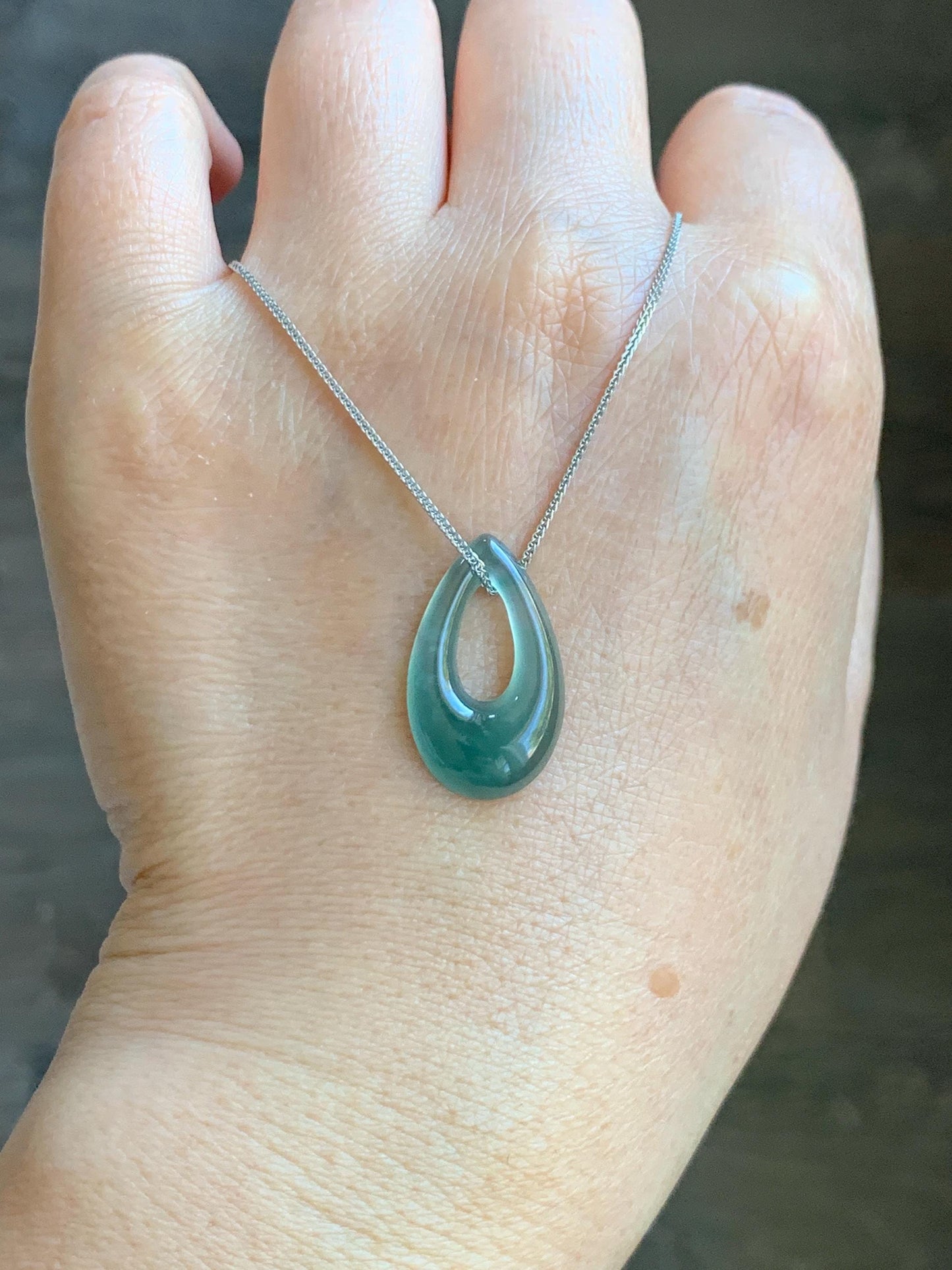 Natural Grade A Guatemalan Icy Translucent Teal Green Jade Jadeite Teardrop Pendant Necklace Sterling Silver 17” 天然冰危蓝绿起光翡翠水滴项链 WSD88D