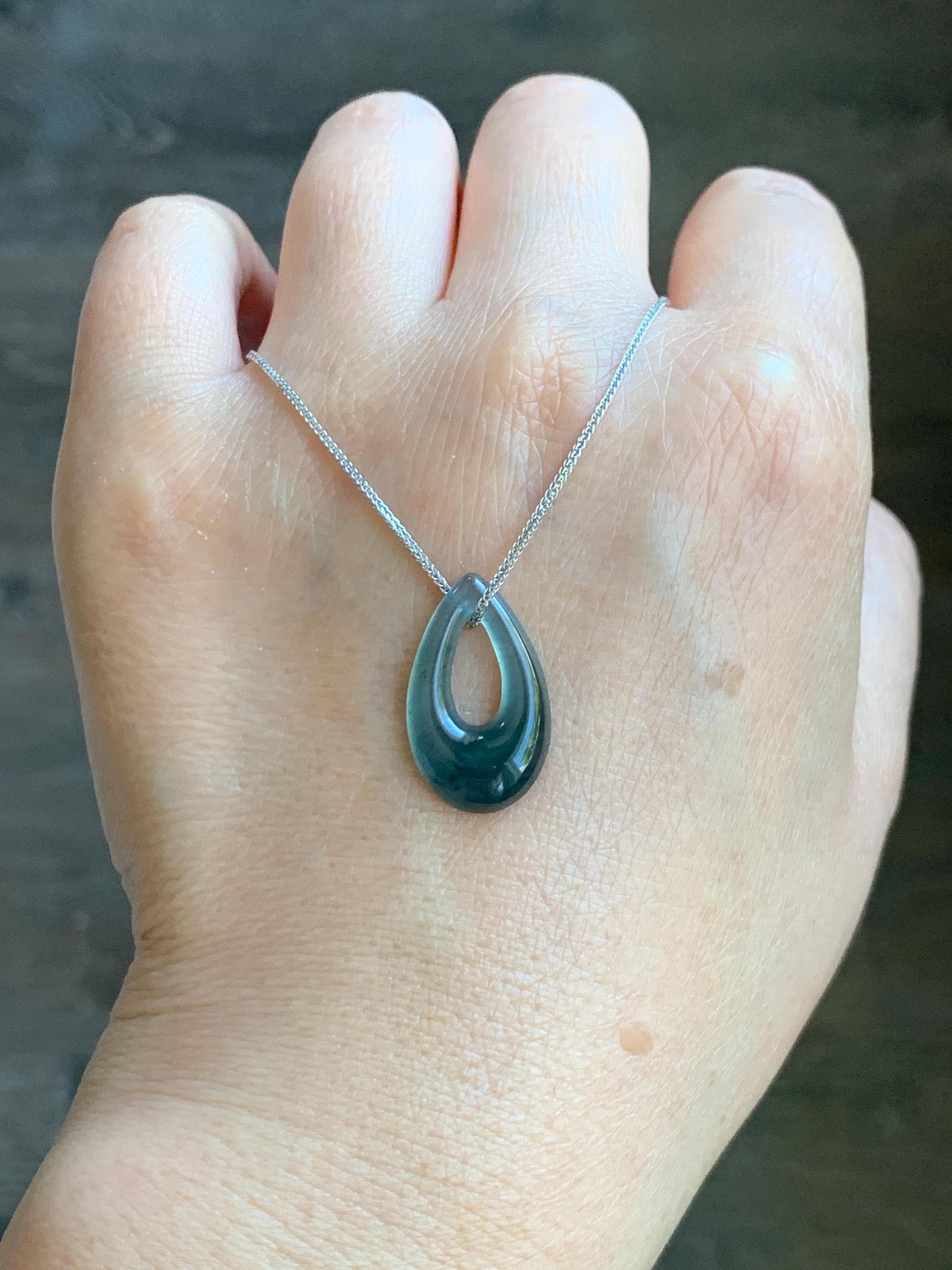 Natural Grade A Guatemalan Icy Translucent Dark Teal Blue Jade Jadeite Teardrop Pendant Necklace Sterling Silver 17” 天然冰危深蓝绿起光翡翠水滴项链 WSD88C