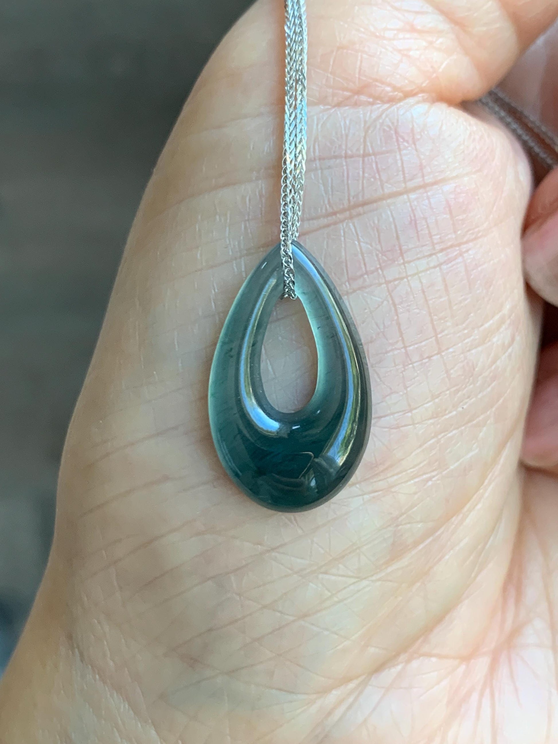 Natural Grade A Guatemalan Icy Translucent Dark Teal Blue Jade Jadeite Teardrop Pendant Necklace Sterling Silver 17” 天然冰危深蓝绿起光翡翠水滴项链 WSD88C
