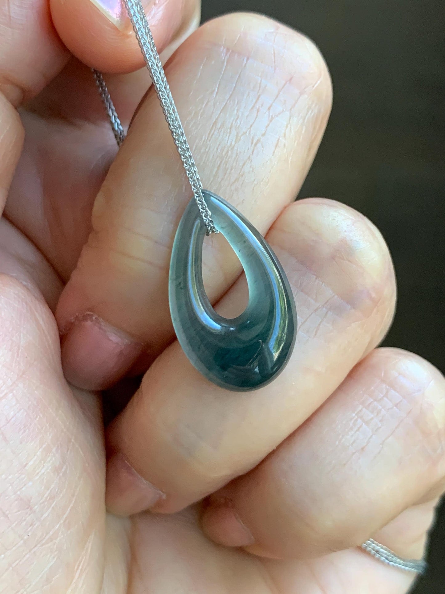 Natural Grade A Guatemalan Icy Translucent Dark Teal Blue Jade Jadeite Teardrop Pendant Necklace Sterling Silver 17” 天然冰危深蓝绿起光翡翠水滴项链 WSD88C