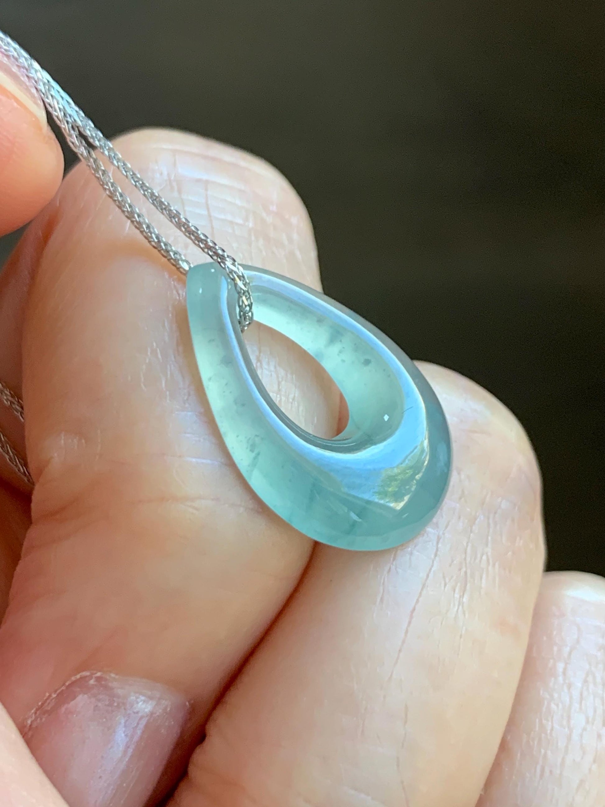 Natural Grade A Guatemalan Icy Translucent Light Teal Jade Jadeite Teardrop Pendant Necklace Sterling Silver 17” 天然冰危浅蓝起光翡翠水滴项链 WSD88B