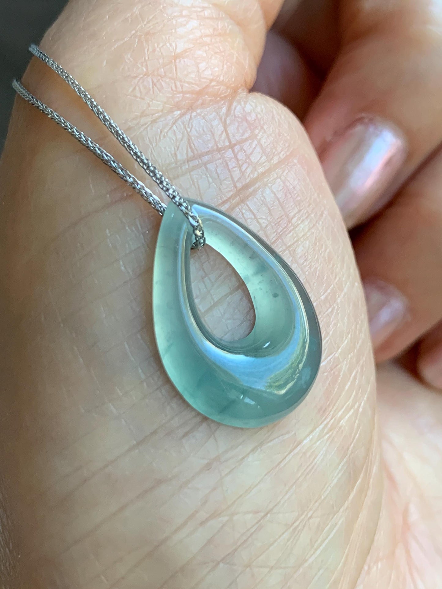 Natural Grade A Guatemalan Icy Translucent Light Teal Jade Jadeite Teardrop Pendant Necklace Sterling Silver 17” 天然冰危浅蓝起光翡翠水滴项链 WSD88B