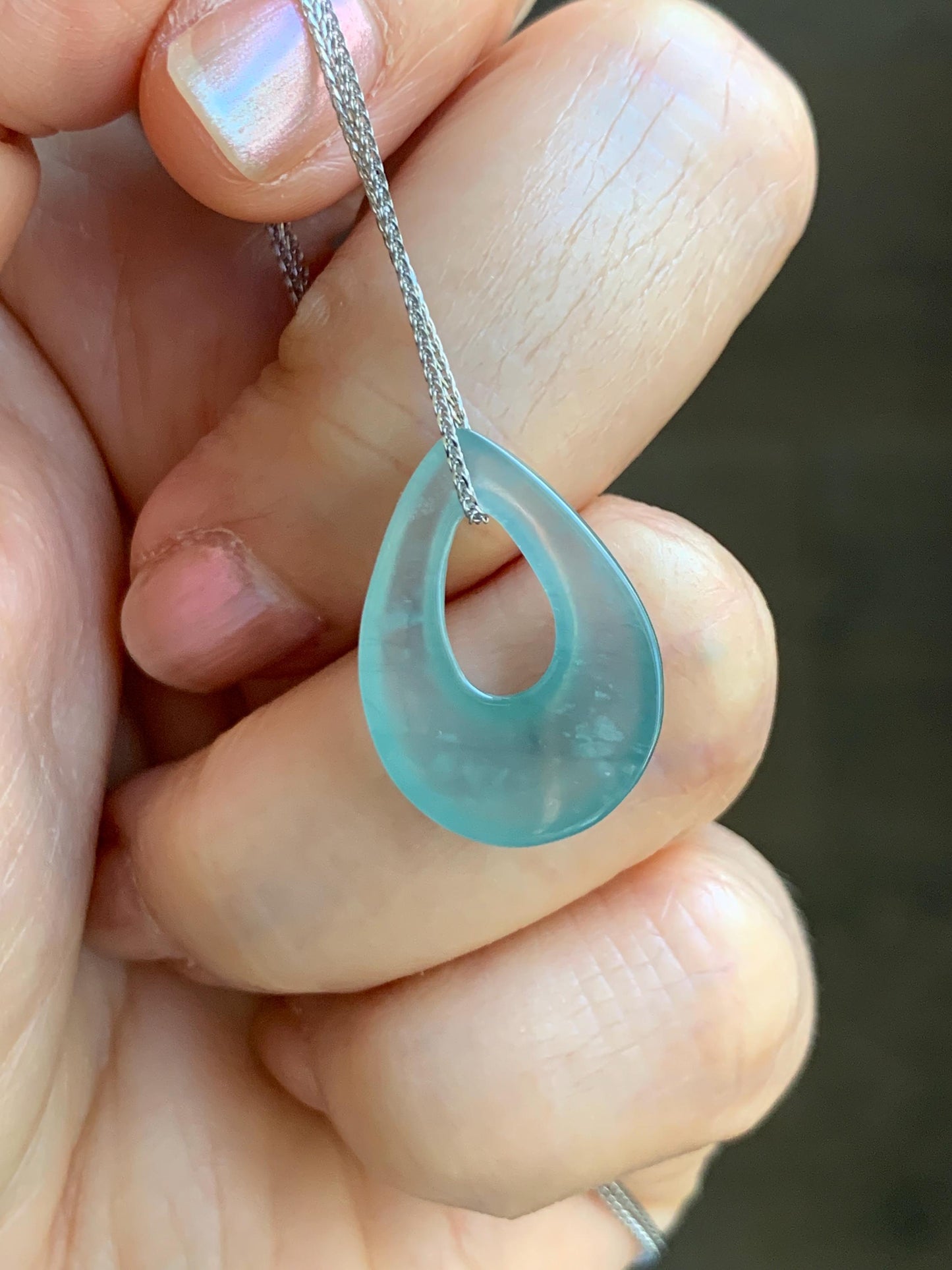 Natural Grade A Guatemalan Icy Translucent Light Teal Jade Jadeite Teardrop Pendant Necklace Sterling Silver 17” 天然冰危浅蓝起光翡翠水滴项链 WSD88B