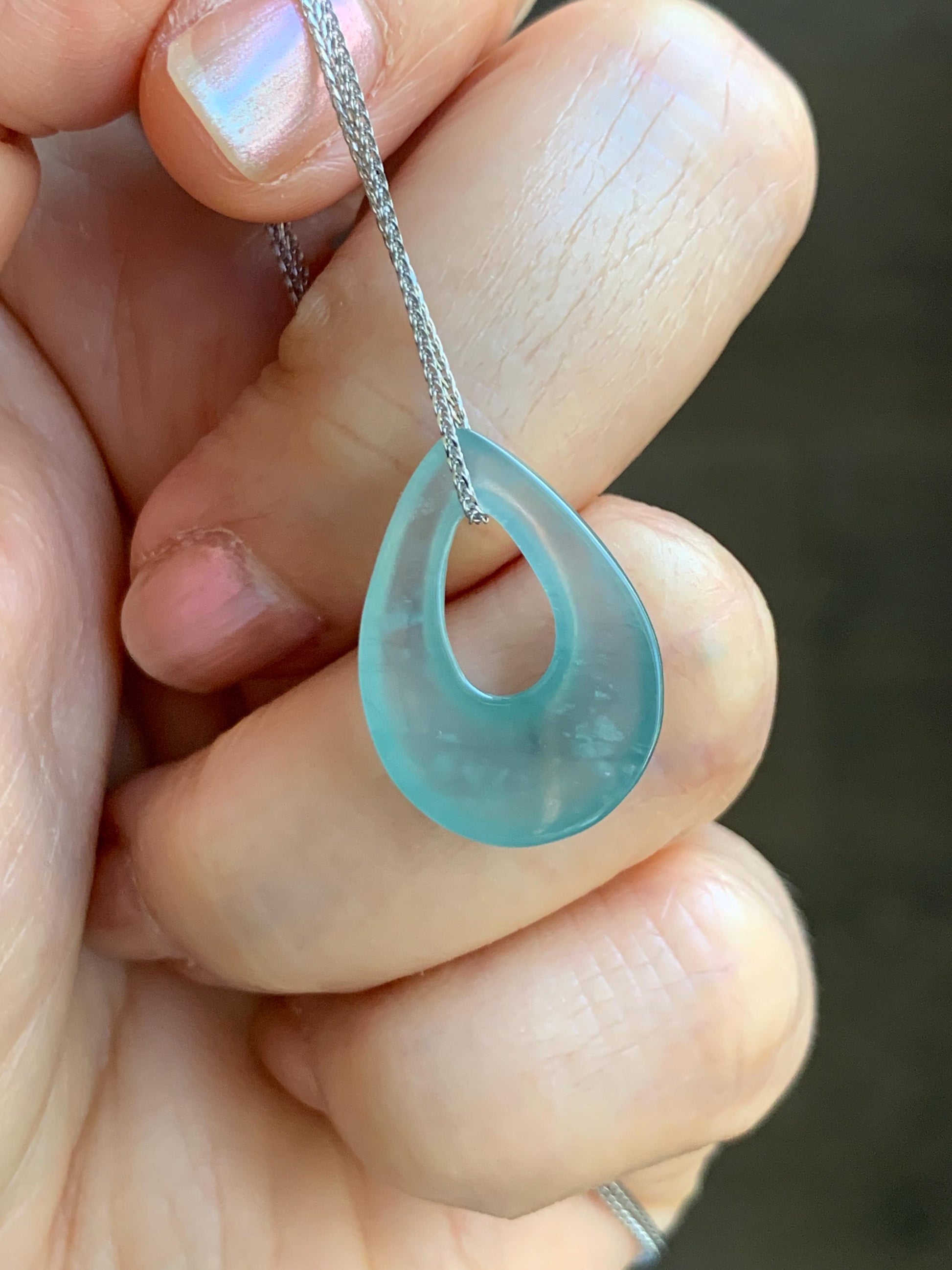 Natural Grade A Guatemalan Icy Translucent Light Teal Jade Jadeite Teardrop Pendant Necklace Sterling Silver 17” 天然冰危浅蓝起光翡翠水滴项链 WSD88B
