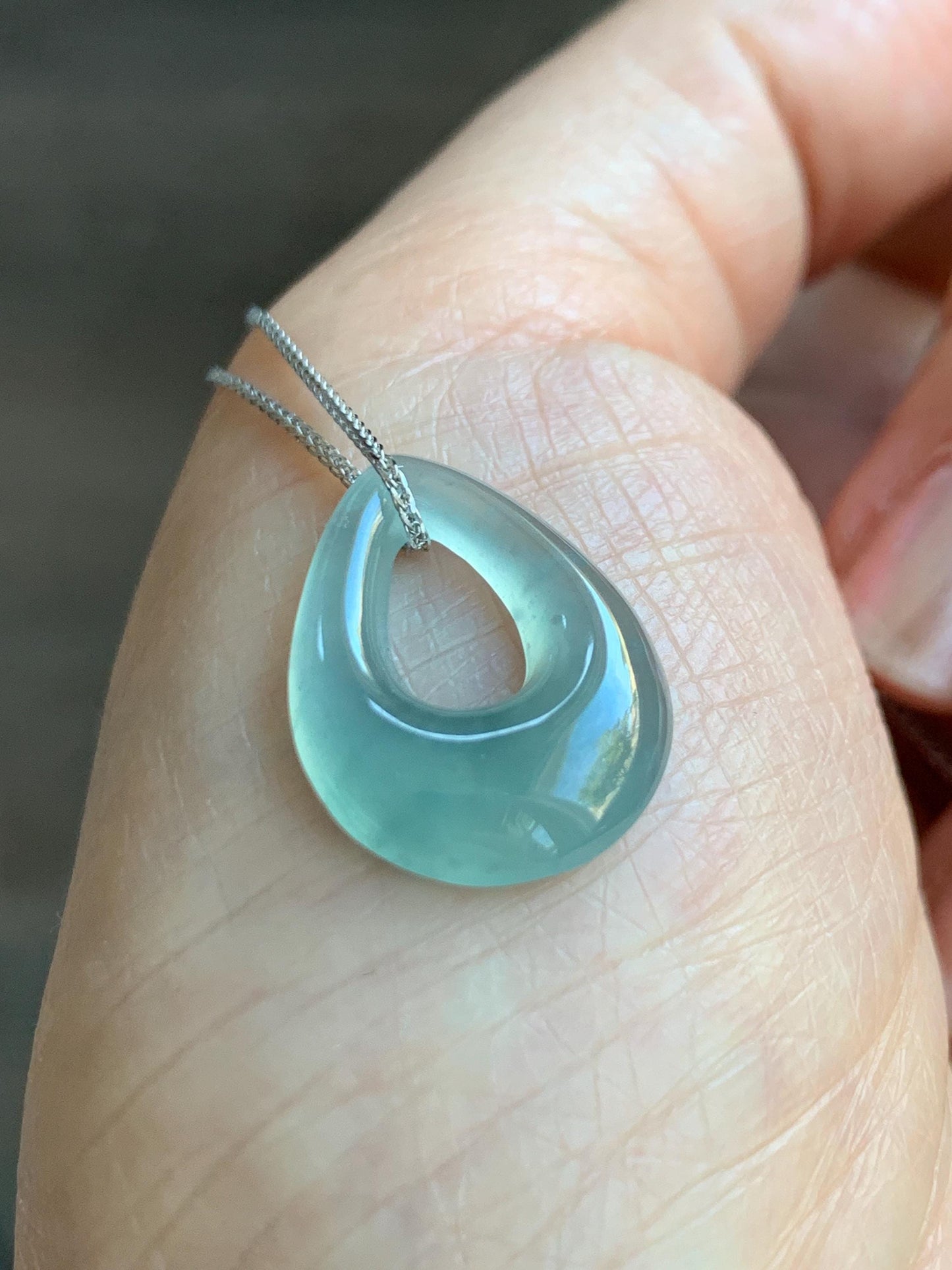 Natural Grade A Guatemalan Icy Translucent Light Teal Jade Jadeite Teardrop Pendant Necklace Sterling Silver 17” 天然冰危浅蓝起光翡翠水滴项链 WSD88B