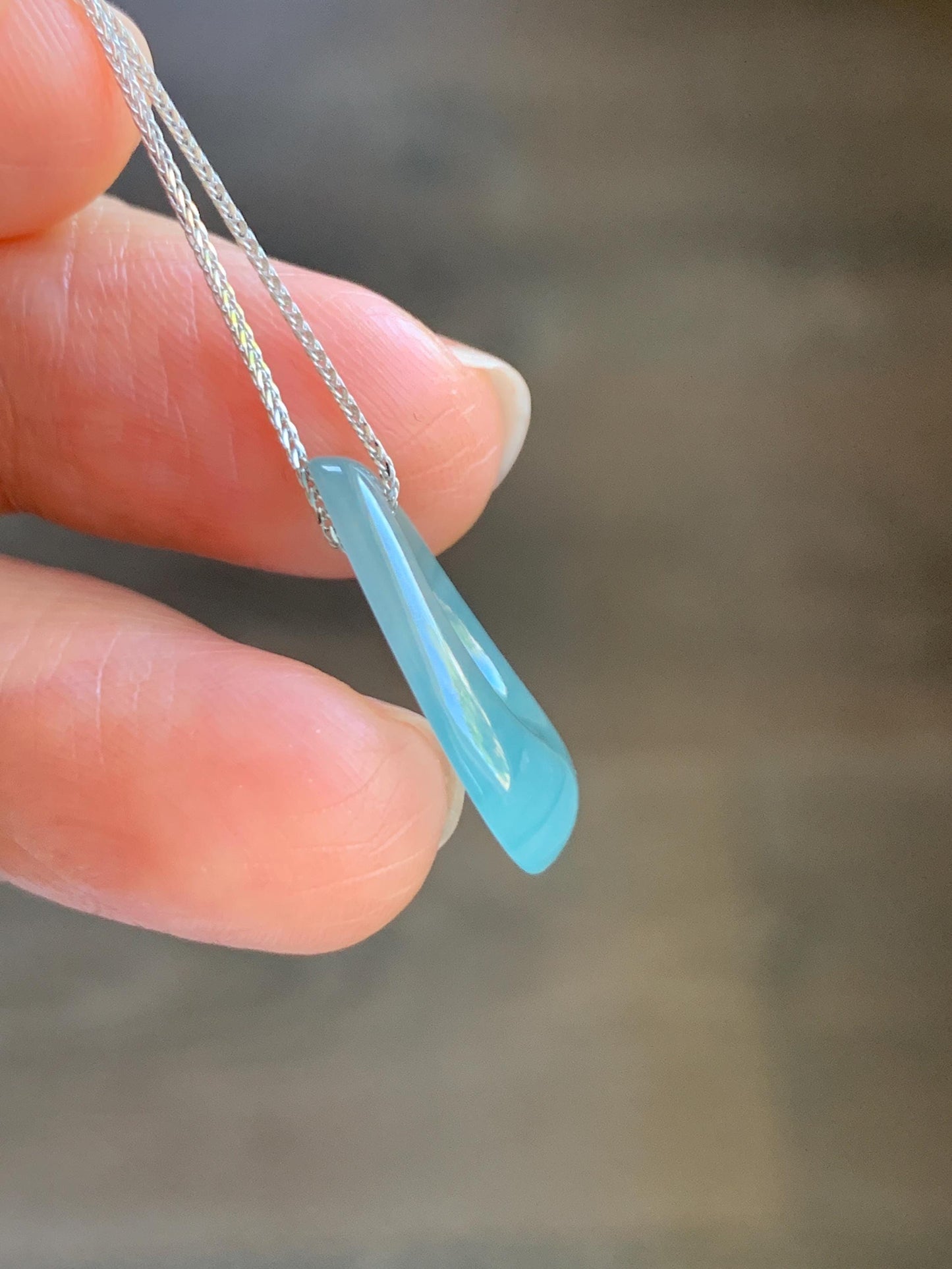 Natural Grade A Guatemalan Icy Translucent Light Teal Jade Jadeite Teardrop Pendant Necklace Sterling Silver 17” 天然冰危浅蓝起光翡翠水滴项链 WSD88B