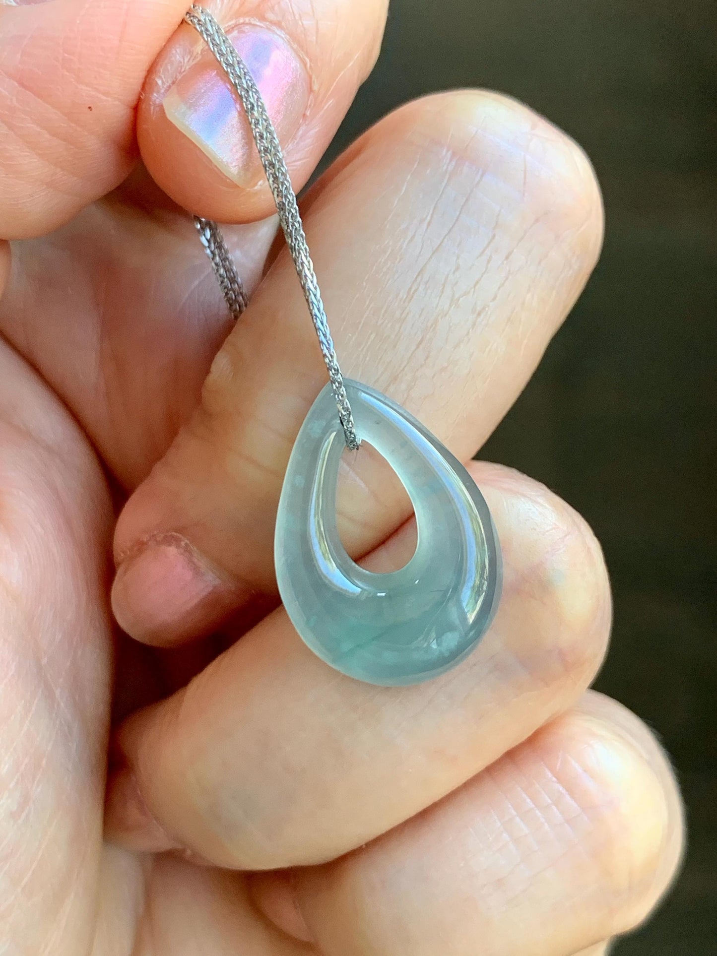Natural Grade A Guatemalan Icy Translucent Light Teal Jade Jadeite Teardrop Pendant Necklace Sterling Silver 17” 天然冰危浅蓝起光翡翠水滴项链 WSD88B
