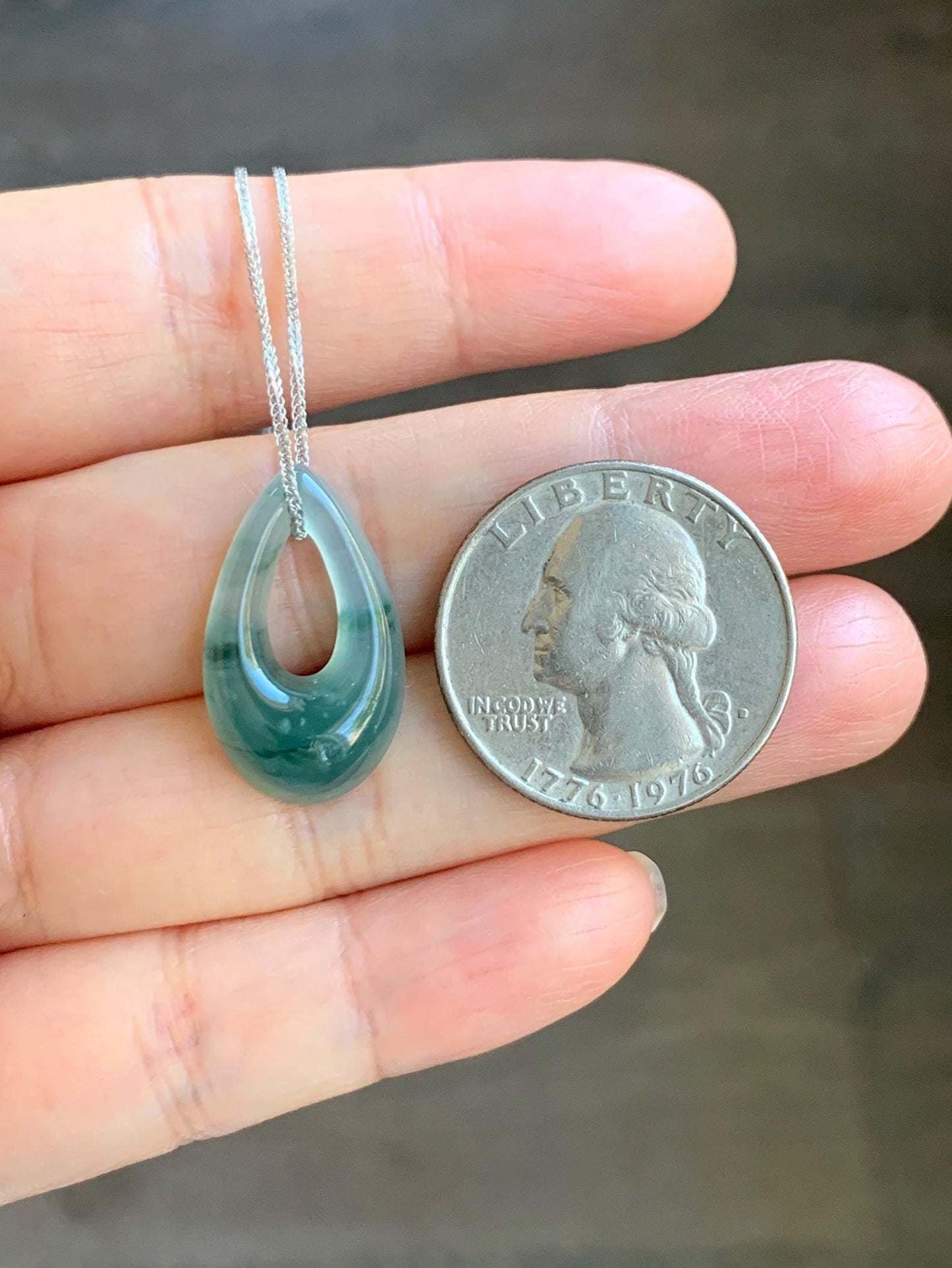 Natural Grade A Guatemalan Icy Translucent Light Teal Marbled Jade Jadeite Teardrop Pendant Necklace Sterling Silver 17” 天然冰危飘花翡翠水滴项链 WSD88A
