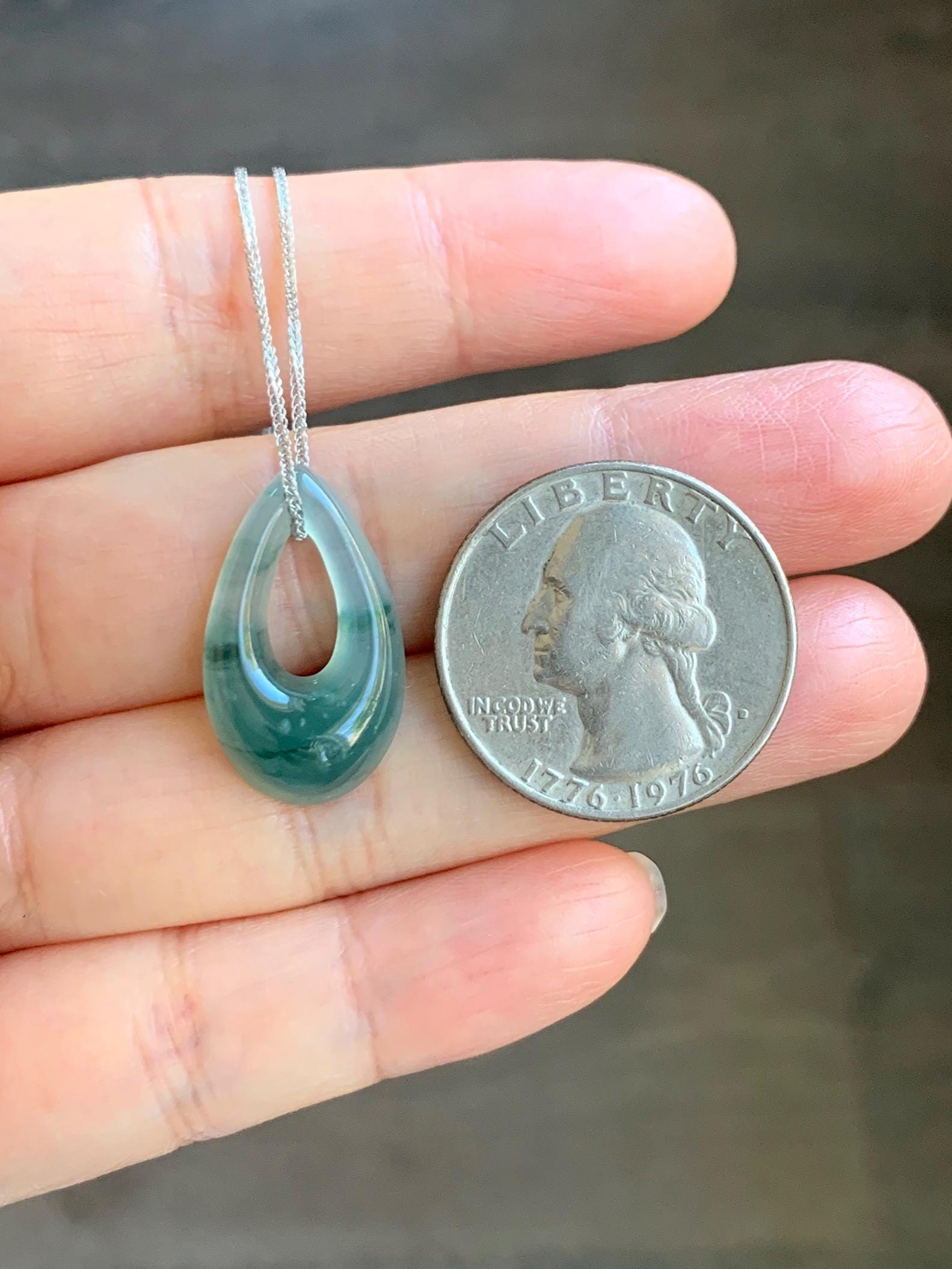 Natural Grade A Guatemalan Icy Translucent Light Teal Marbled Jade Jadeite Teardrop Pendant Necklace Sterling Silver 17” 天然冰危飘花翡翠水滴项链 WSD88A