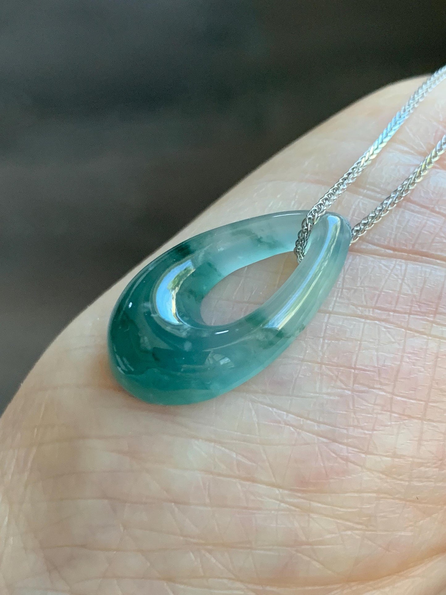Natural Grade A Guatemalan Icy Translucent Light Teal Marbled Jade Jadeite Teardrop Pendant Necklace Sterling Silver 17” 天然冰危飘花翡翠水滴项链 WSD88A