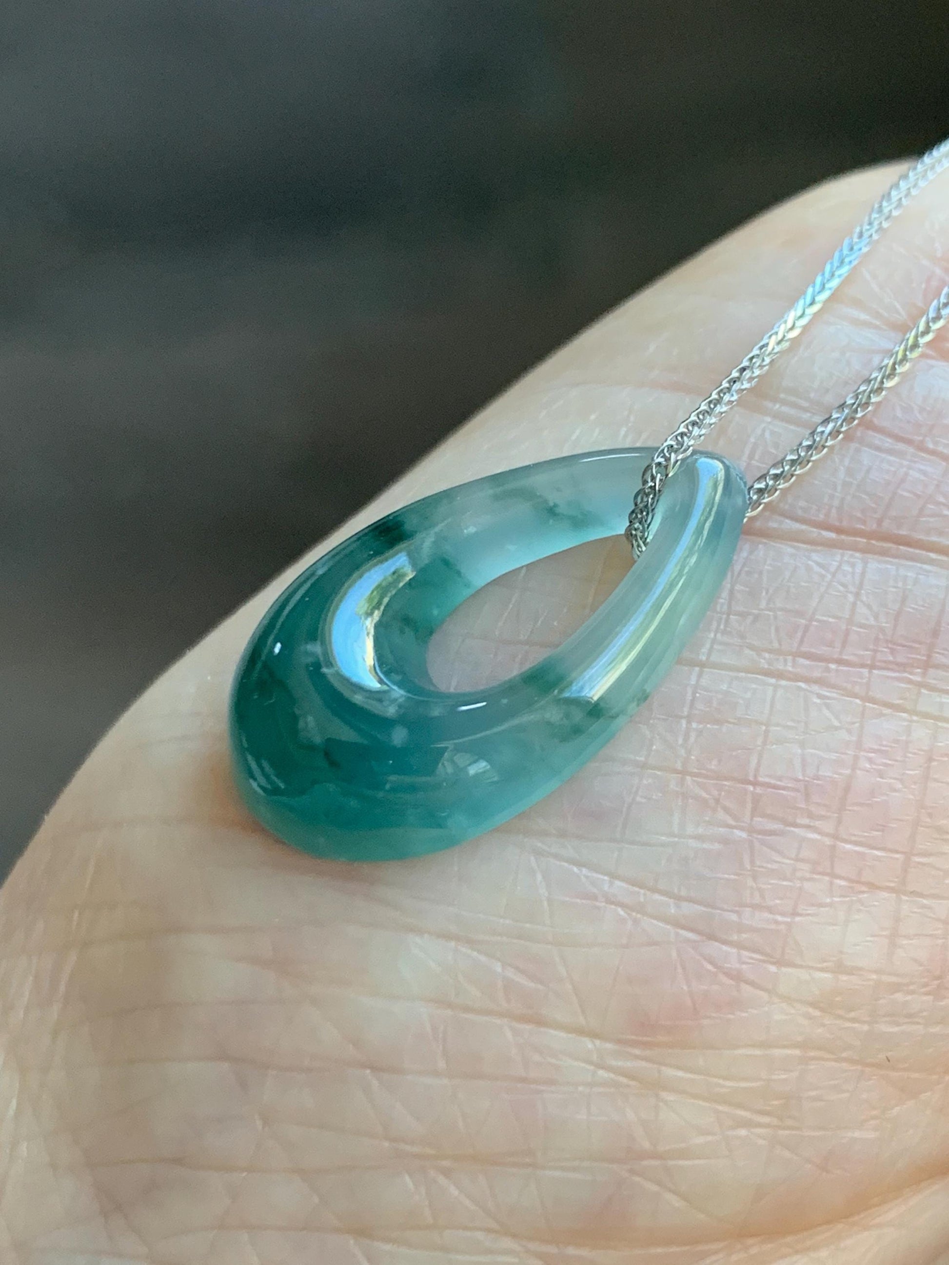 Natural Grade A Guatemalan Icy Translucent Light Teal Marbled Jade Jadeite Teardrop Pendant Necklace Sterling Silver 17” 天然冰危飘花翡翠水滴项链 WSD88A