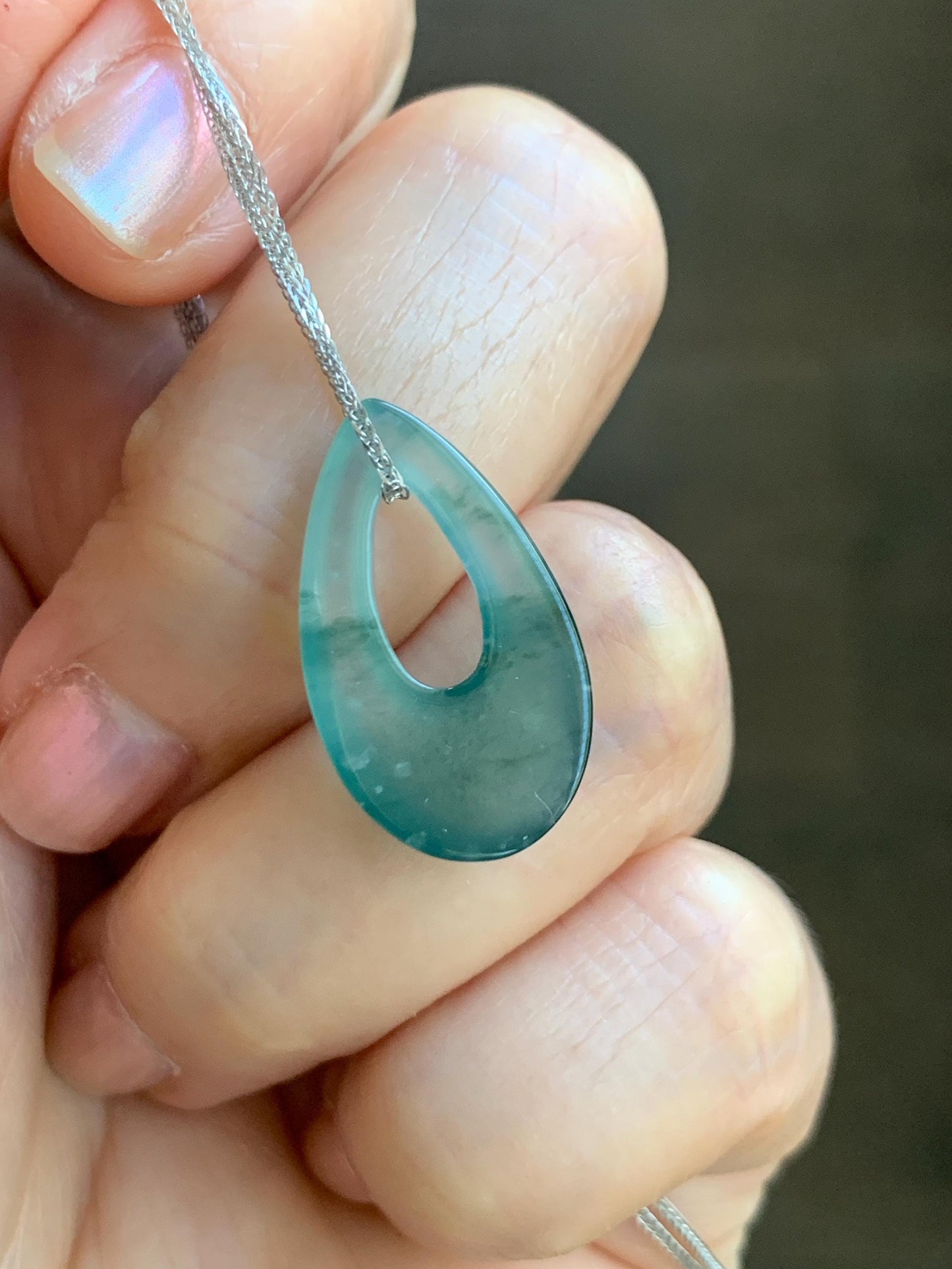 Natural Grade A Guatemalan Icy Translucent Light Teal Marbled Jade Jadeite Teardrop Pendant Necklace Sterling Silver 17” 天然冰危飘花翡翠水滴项链 WSD88A