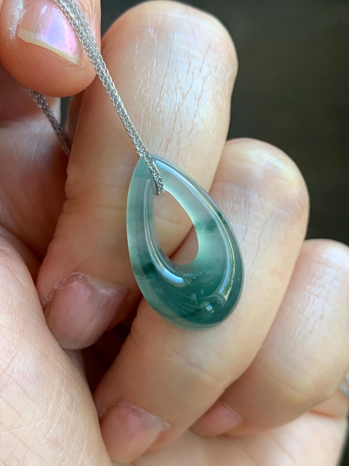 Natural Grade A Guatemalan Icy Translucent Light Teal Marbled Jade Jadeite Teardrop Pendant Necklace Sterling Silver 17” 天然冰危飘花翡翠水滴项链 WSD88A