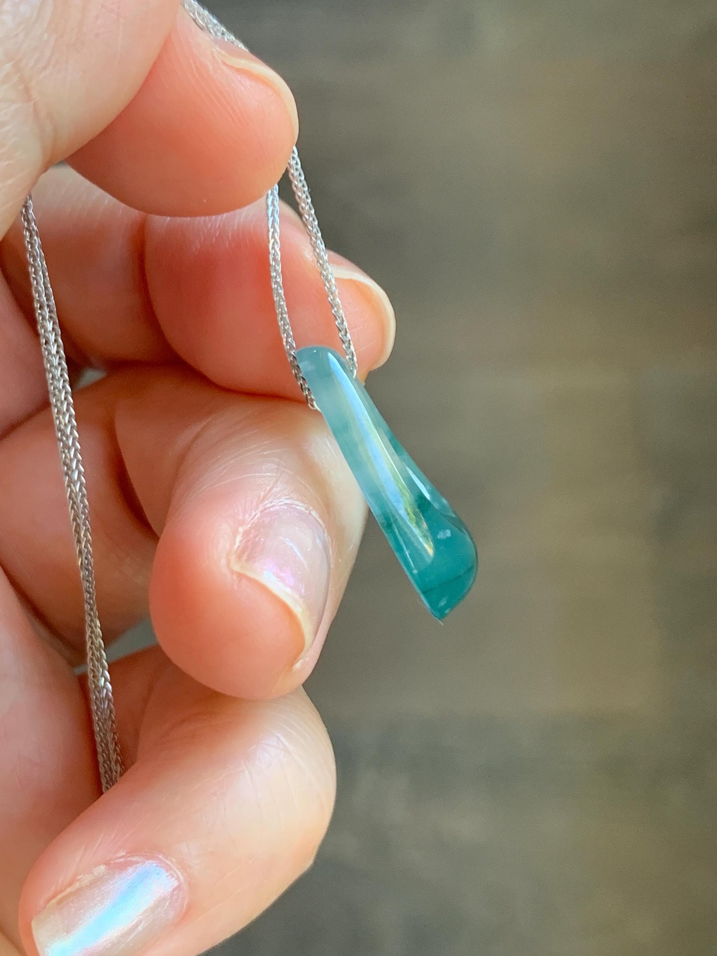 Natural Grade A Guatemalan Icy Translucent Light Teal Marbled Jade Jadeite Teardrop Pendant Necklace Sterling Silver 17” 天然冰危飘花翡翠水滴项链 WSD88A