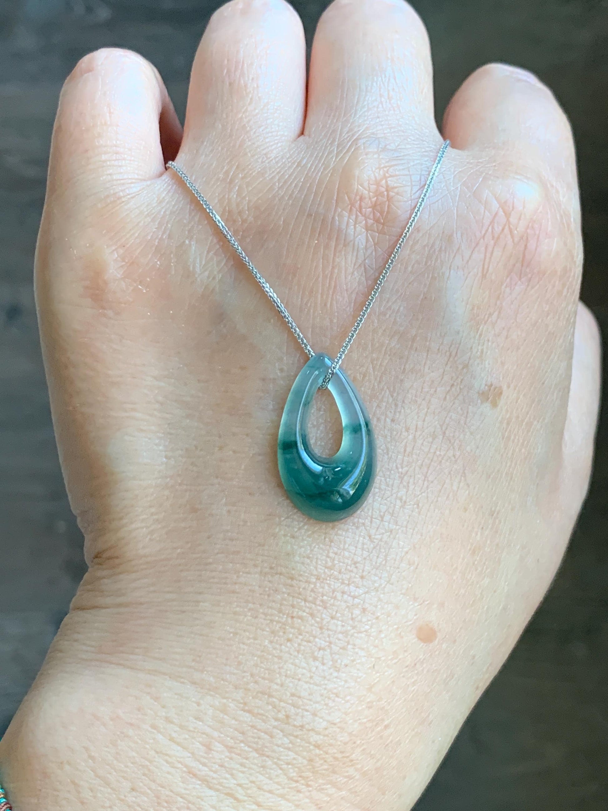 Natural Grade A Guatemalan Icy Translucent Light Teal Marbled Jade Jadeite Teardrop Pendant Necklace Sterling Silver 17” 天然冰危飘花翡翠水滴项链 WSD88A